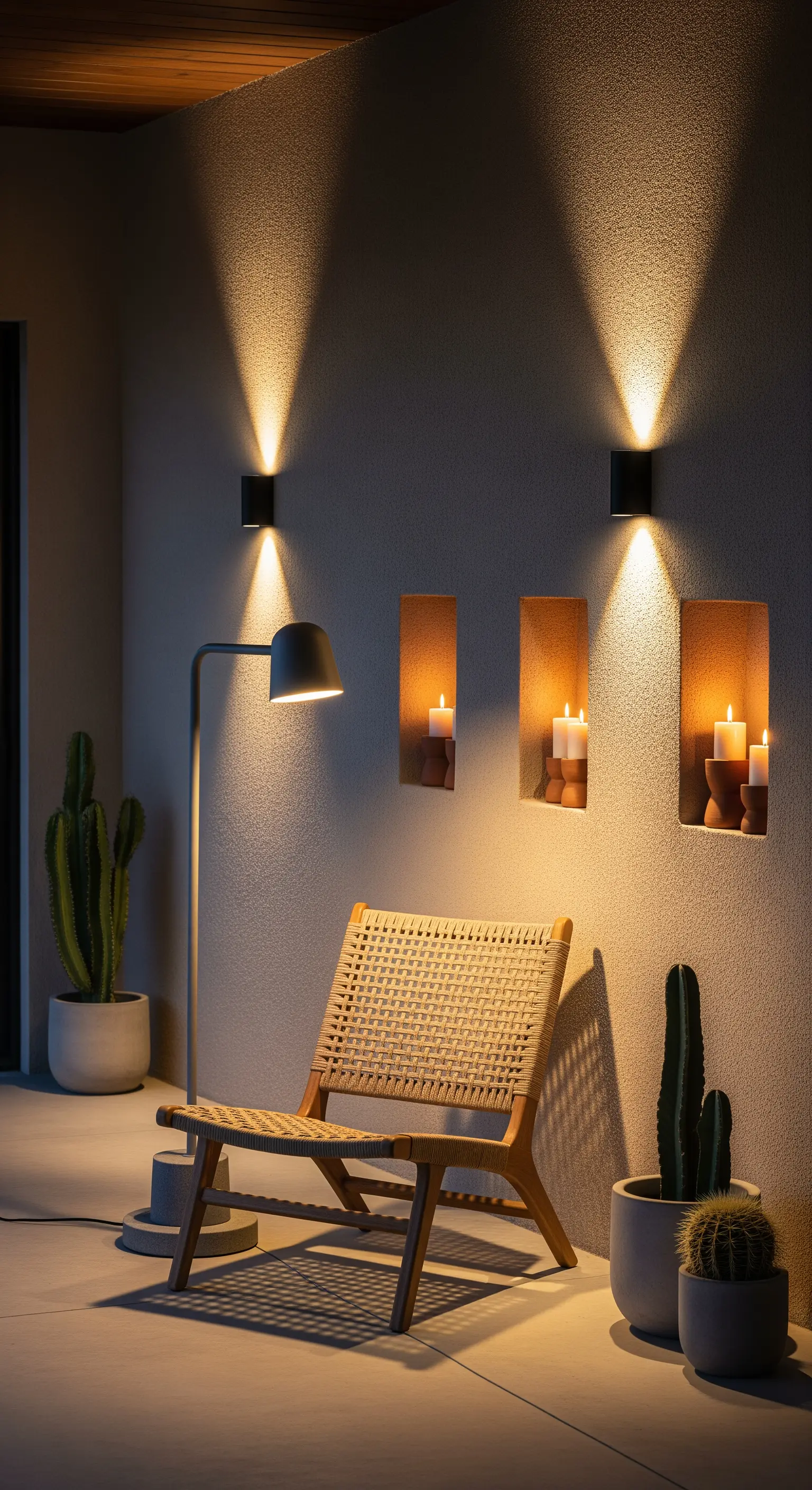 Angolo lettura minimalista con poltrona in legno, lampada e candele in nicchie a muro.