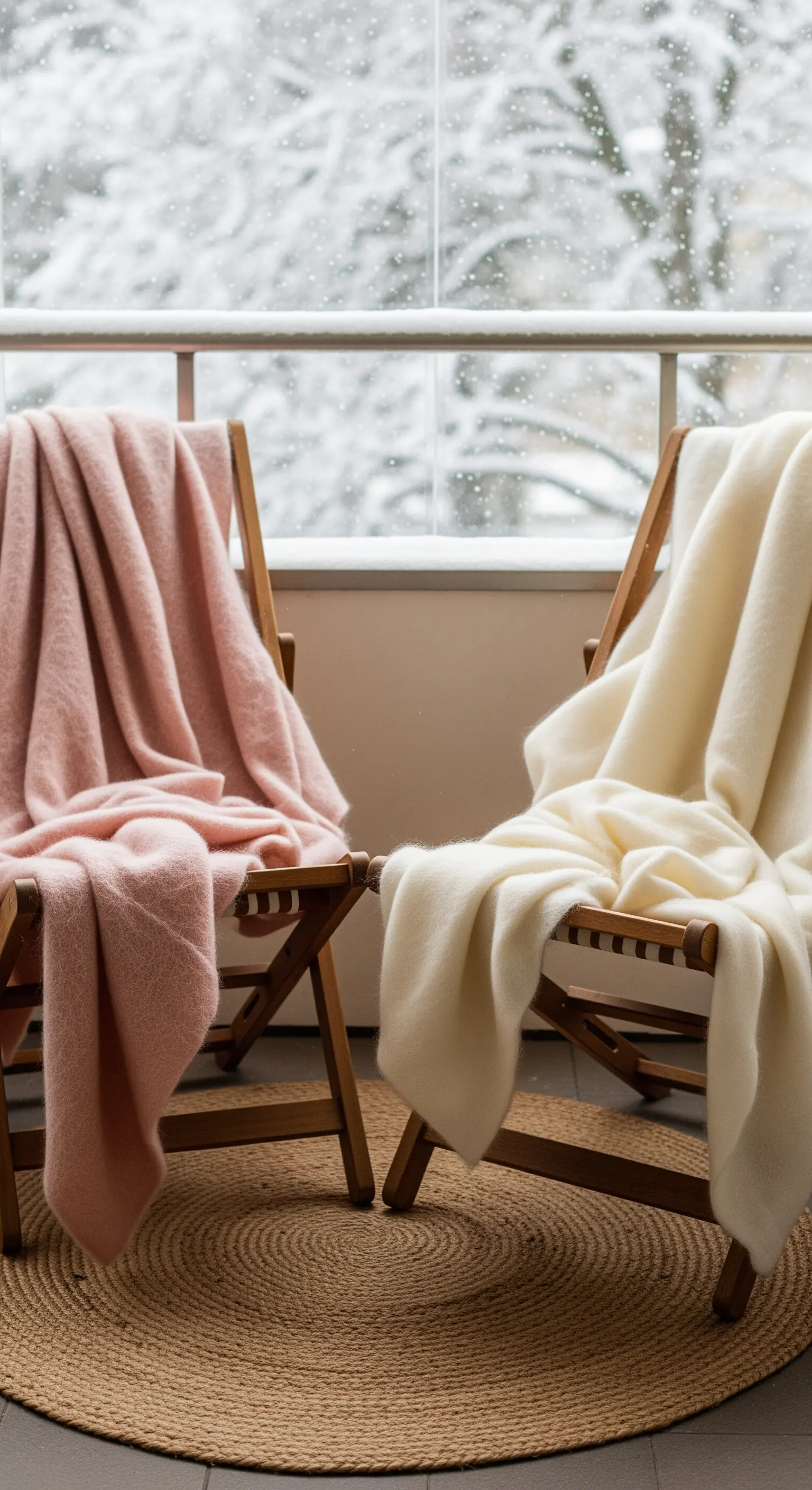 Due sedie in legno con coperte rosa e avorio su un tappeto rotondo di juta, con neve fuori.
