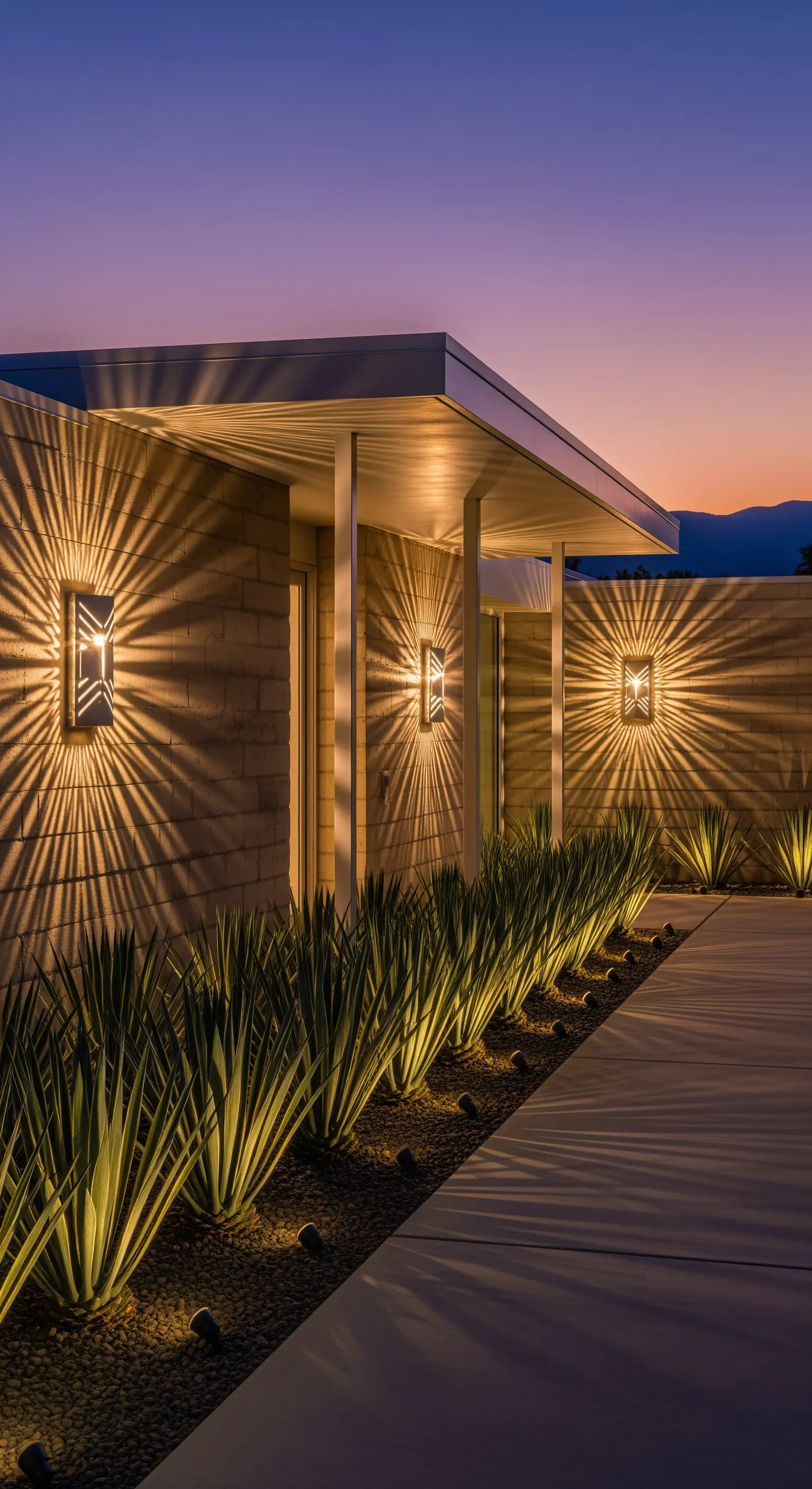 Portico di una casa moderna con applique che proiettano sulla parete una luce a forma di stella.