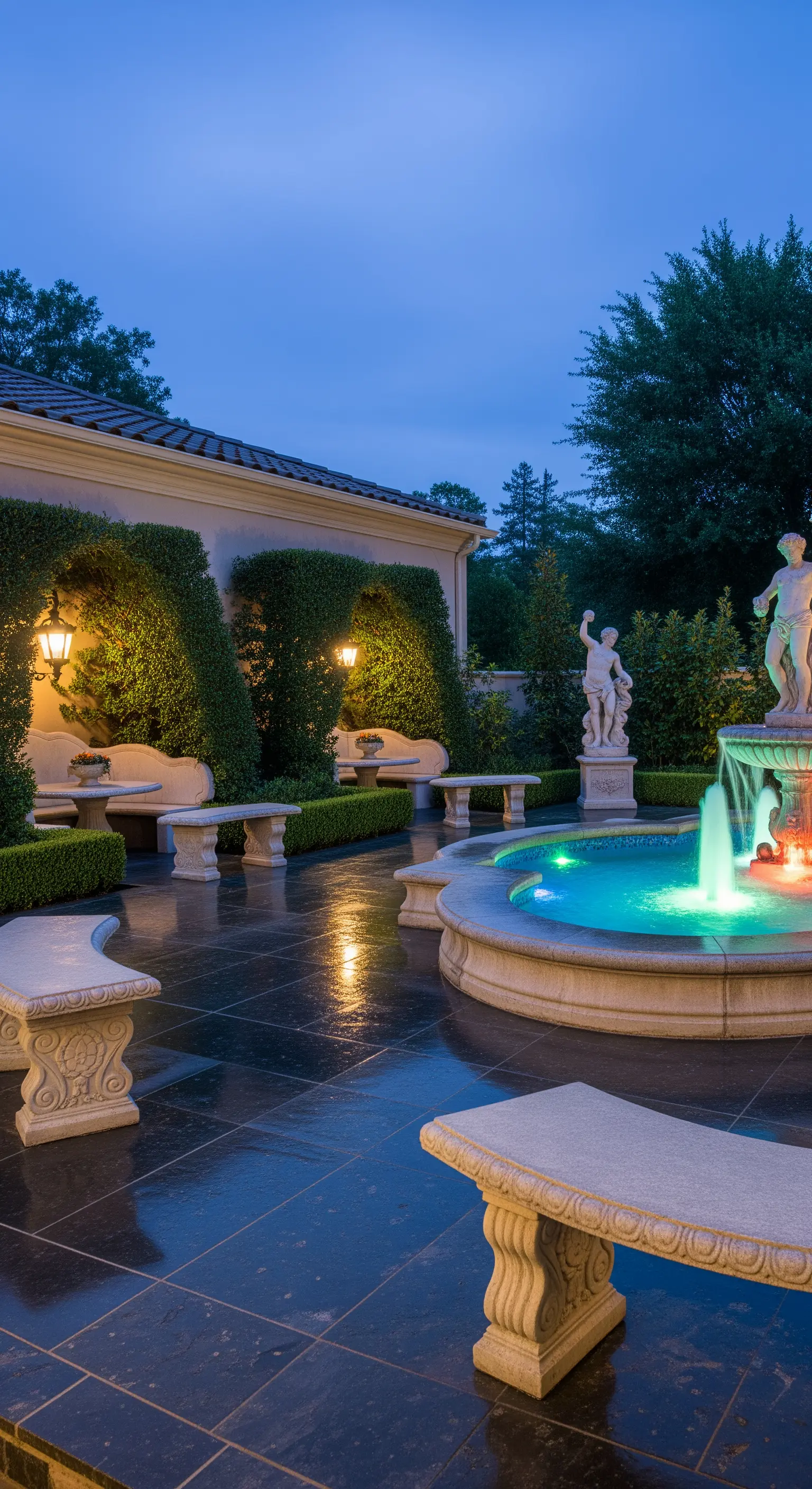 Patio di notte con fontana illuminata da luci colorate, statue e panche in pietra.