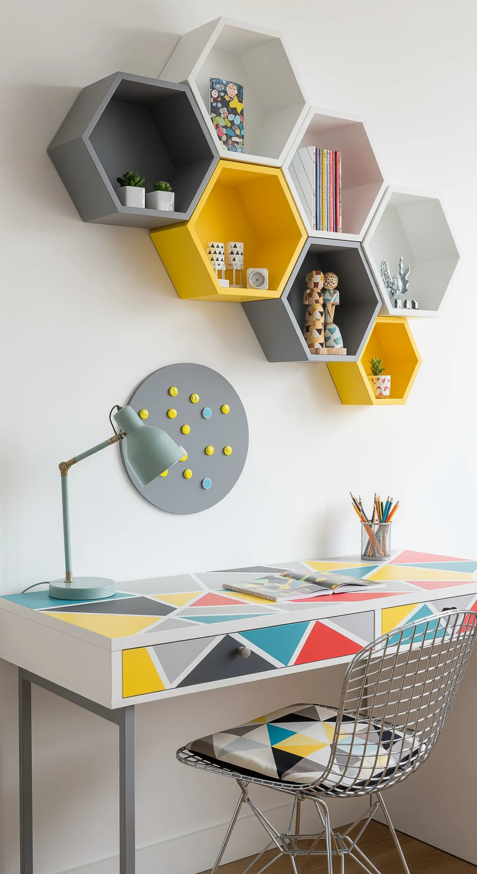 Scrivania con motivo geometrico colorato e mensole esagonali a parete.