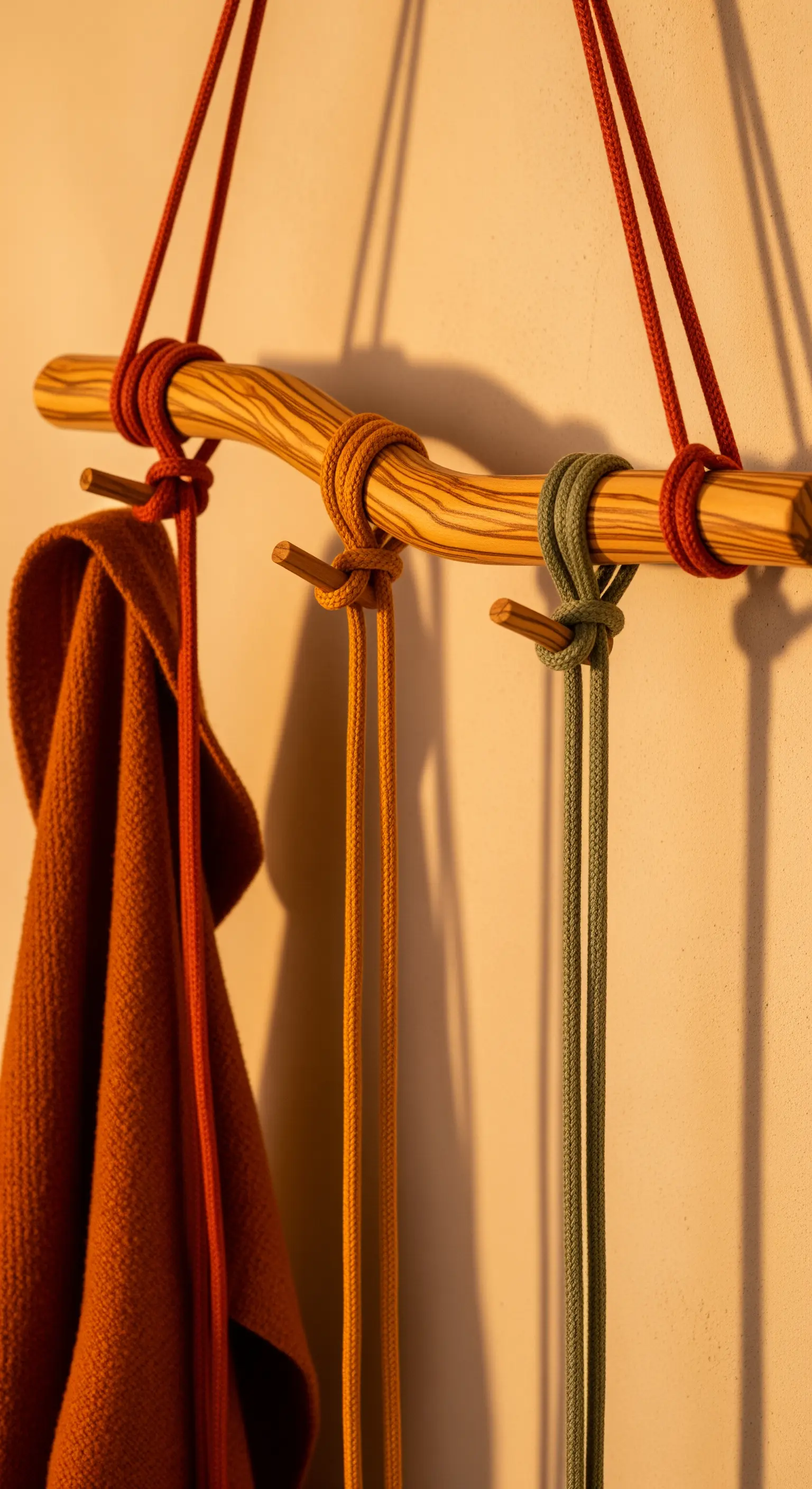 Ramo di legno chiaro con ganci creati da corde colorate (rosso, giallo, verde) e pioli.