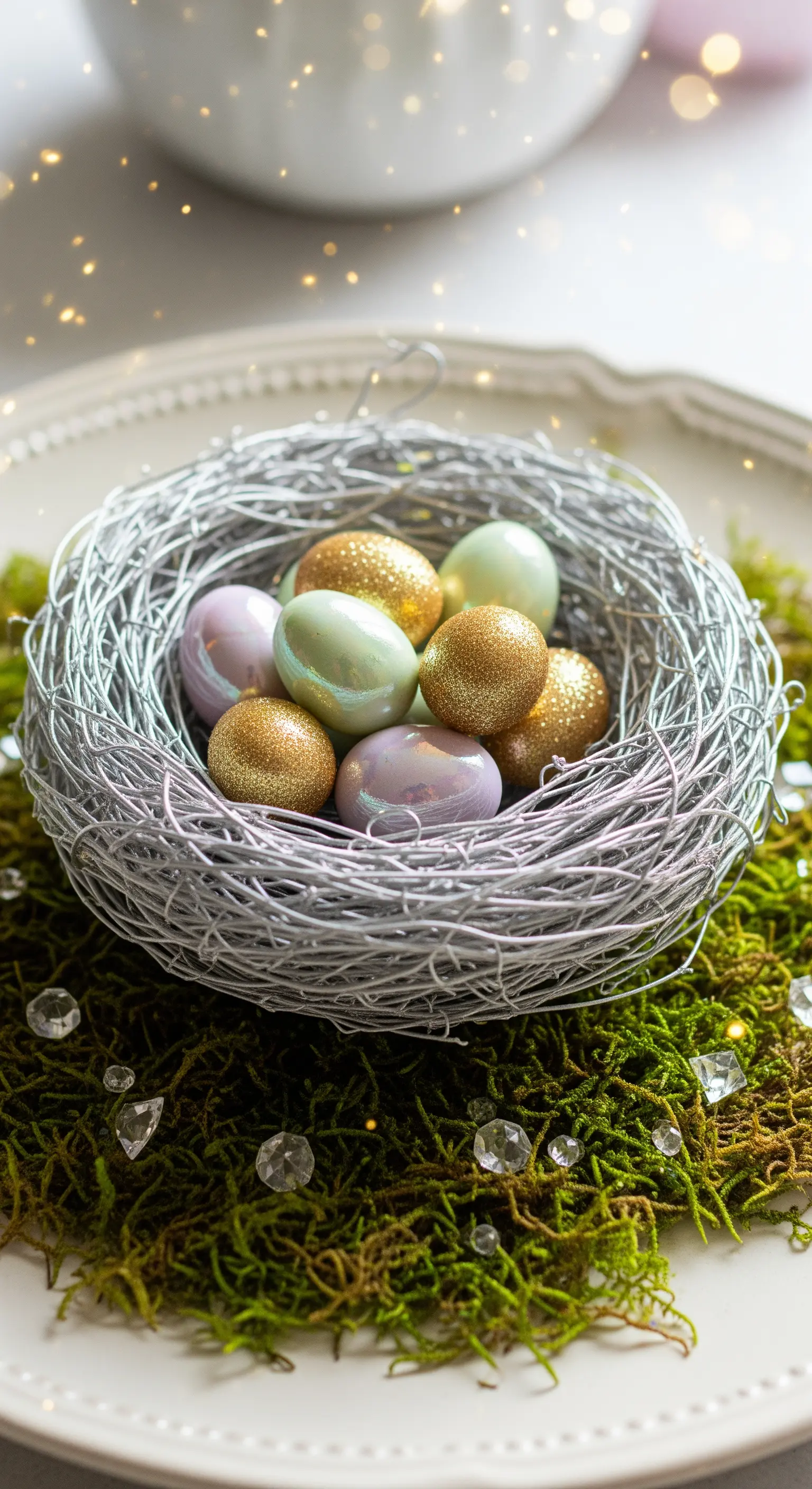 Nido in fil di ferro argentato con piccole uova glitterate su un letto di muschio.