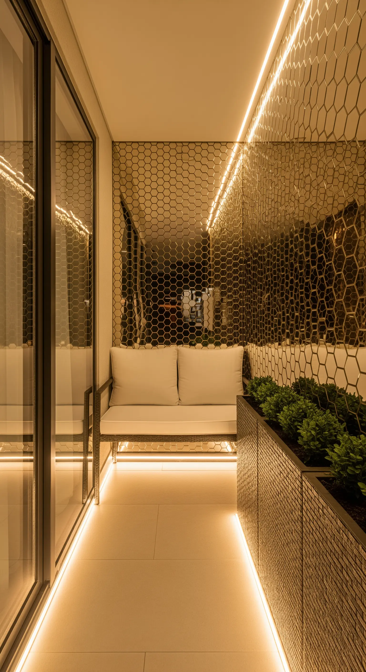 Balcone stretto con pareti a mosaico dorato, divanetto bianco e illuminazione a LED lineare.