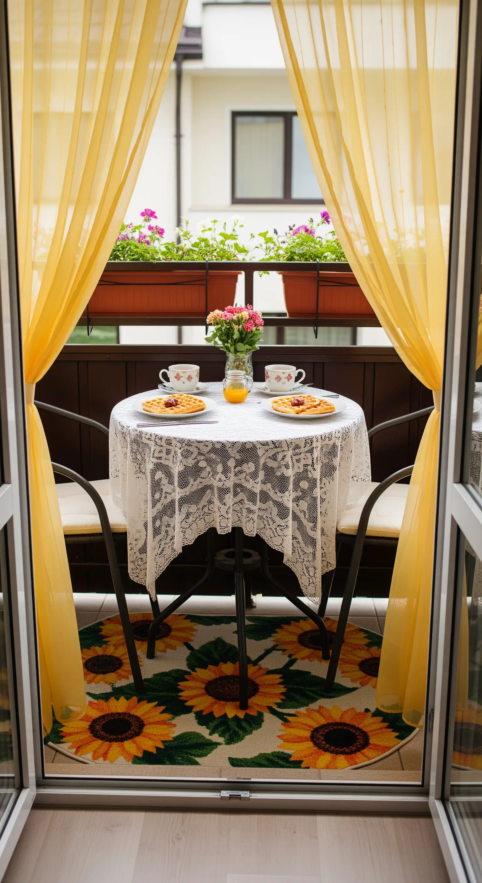 Tavolino per due su un balcone, con tovaglia in pizzo, tende gialle e tappeto a girasoli.