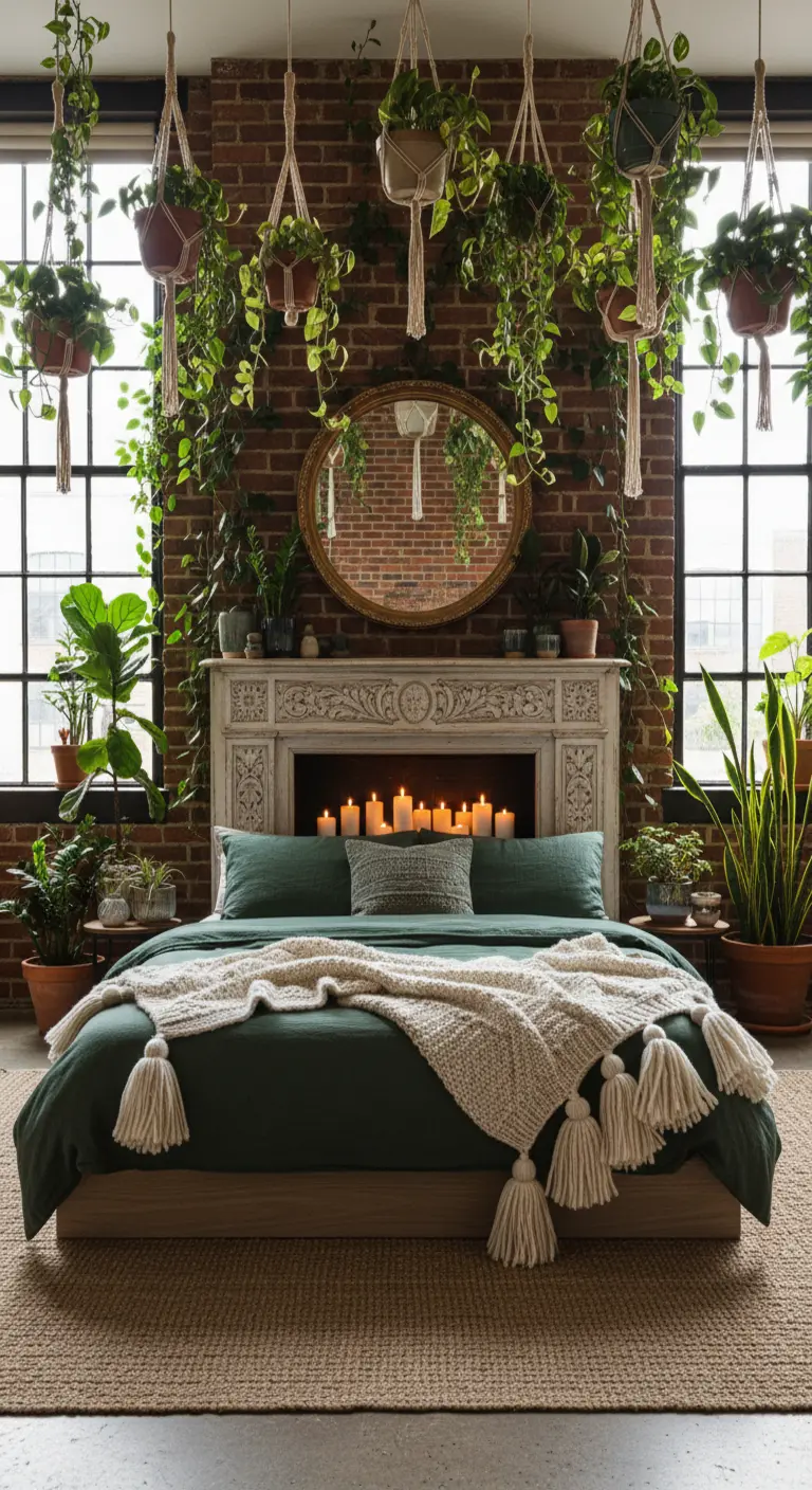 Camera da letto con parete in mattoni, cornice di un camino bianca e tantissime piante verdi.