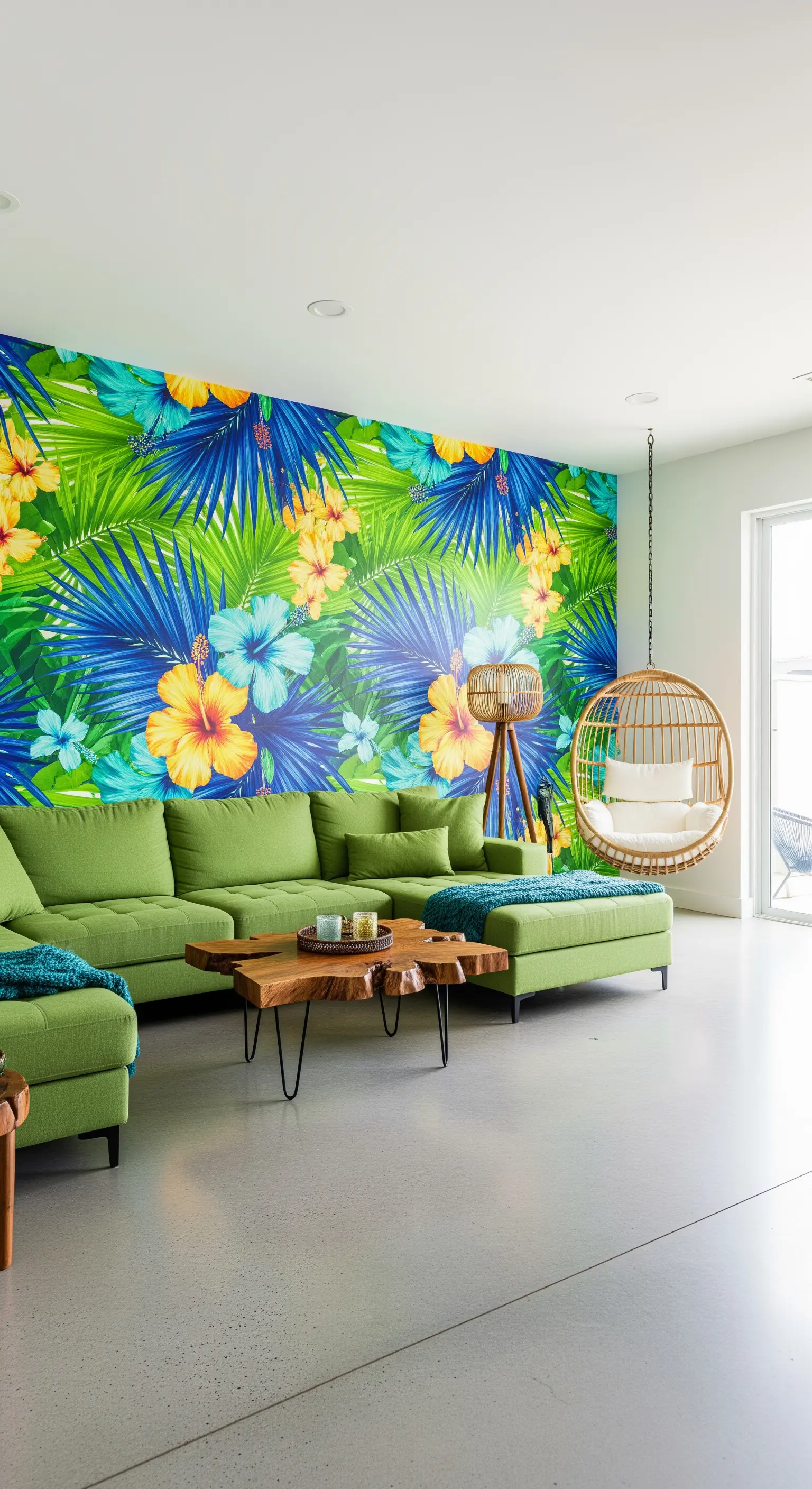 Ampio soggiorno con carta da parati tropicale, divano angolare verde e poltrona sospesa.