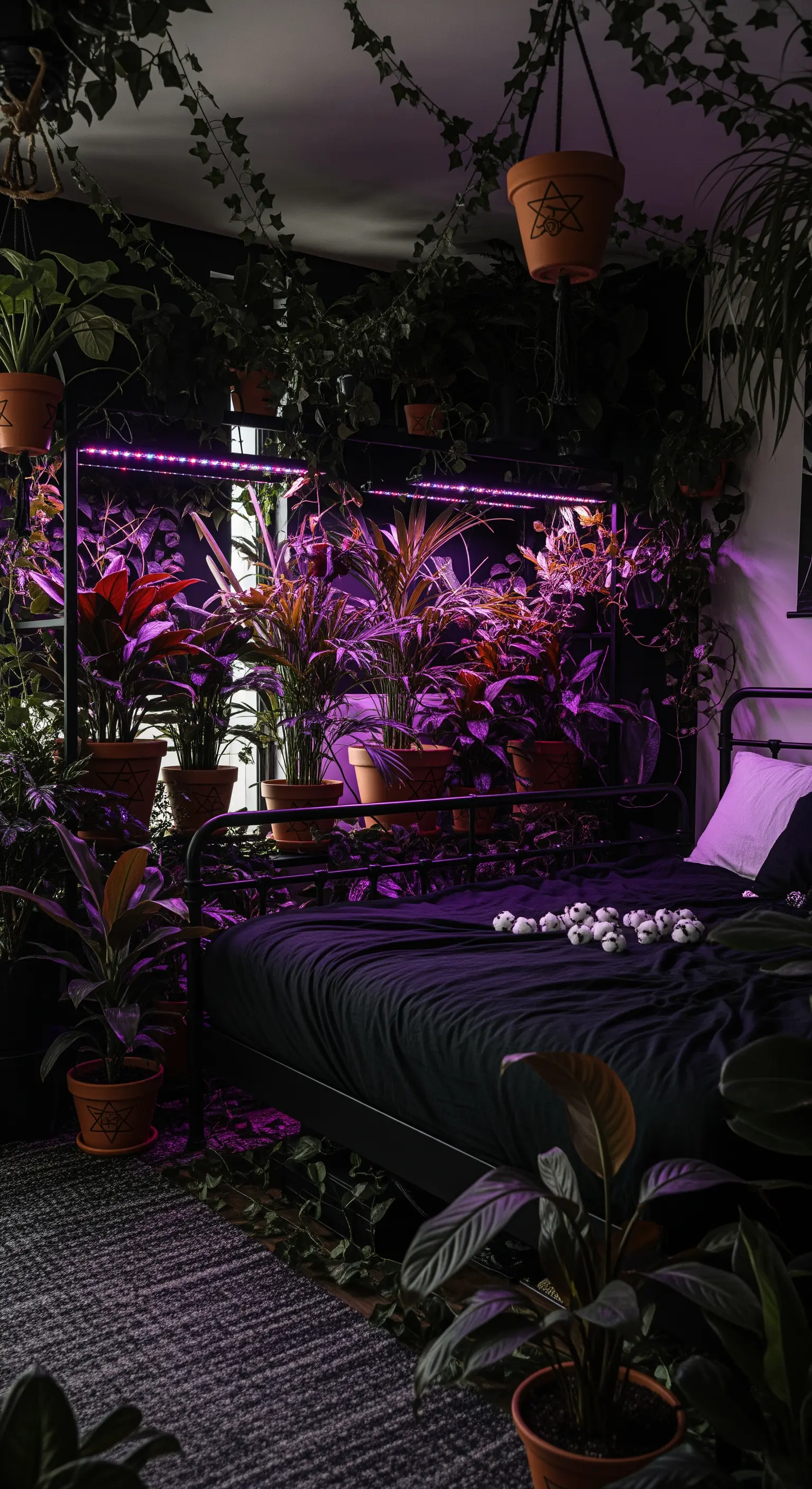 Letto circondato da una giungla di piante d'appartamento illuminate da strisce LED viola.