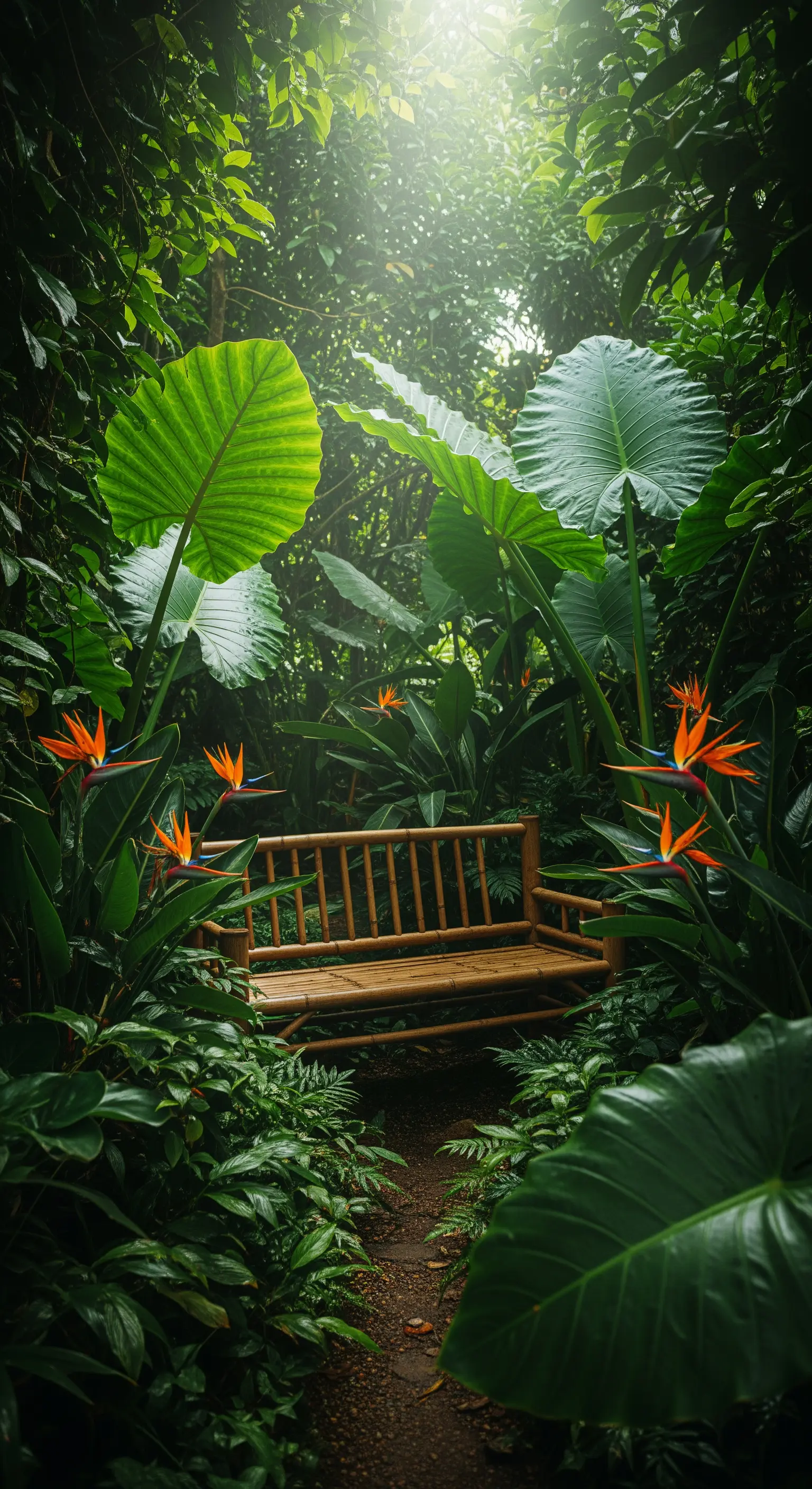 Panca in bambù nascosta tra grandi foglie di piante tropicali e fiori di strelitzia.