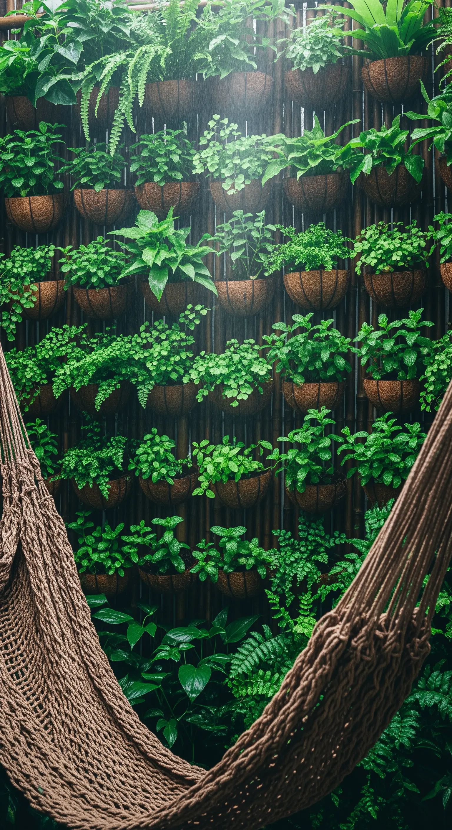 Parete interamente ricoperta di piante verdi lussureggianti con un'amaca in primo piano.