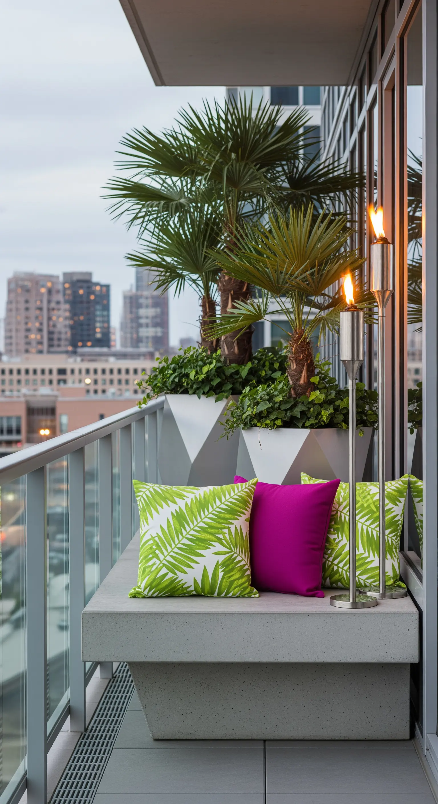 Balcone moderno con panca in cemento, cuscini colorati e piccole palme in vaso.