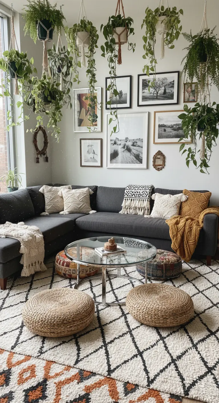 Soggiorno boho-chic con divano grigio, tante piante sospese e a terra, e tappeto etnico.