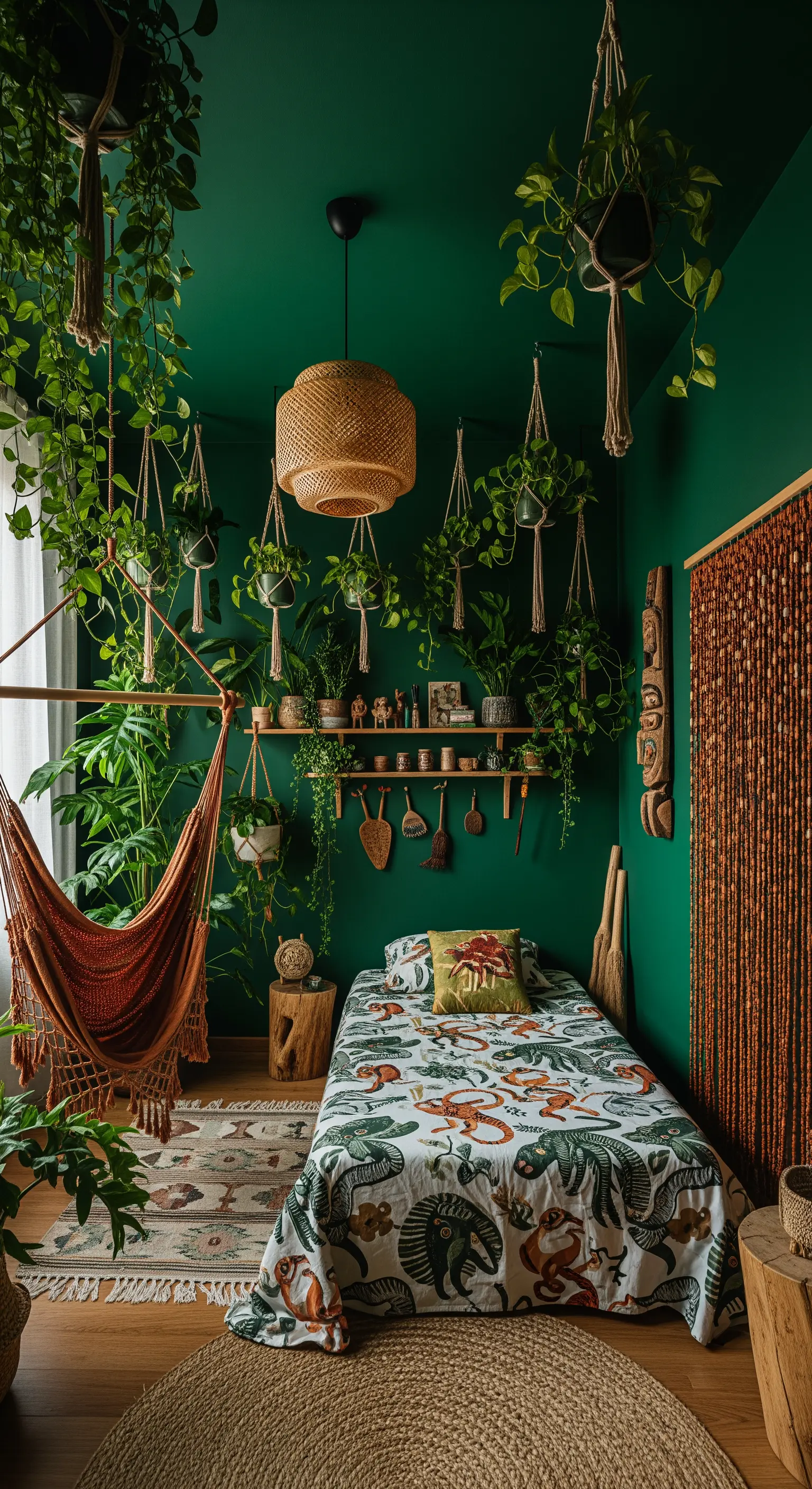 Camera da letto verde scuro piena di piante pensili, con amaca e tappeto etnico.