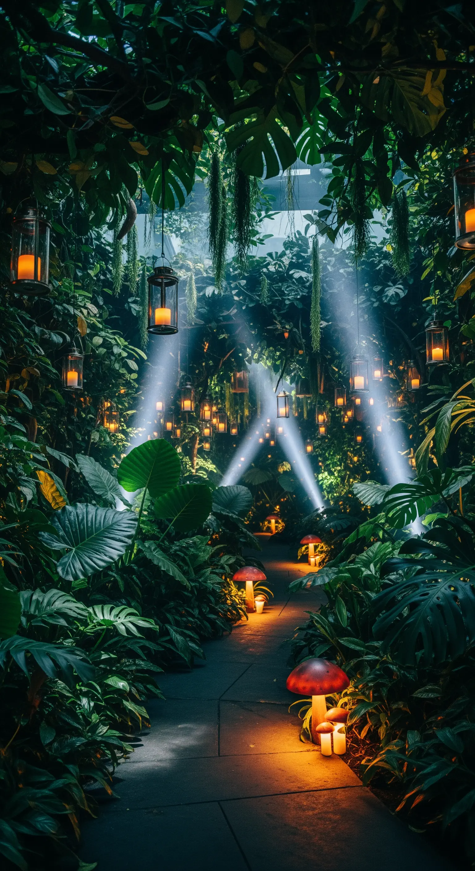Giardino interno lussureggiante con lanterne sospese e fasci di luce che filtrano tra le foglie.