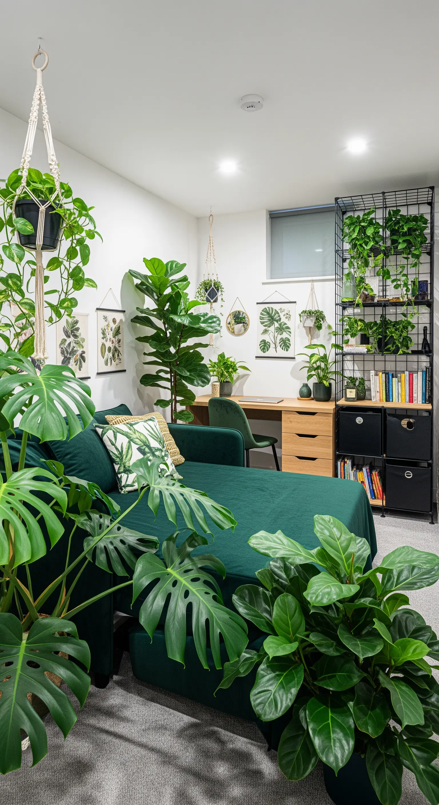 Salotto pieno di piante con un divano letto verde scuro e una libreria in metallo nero.