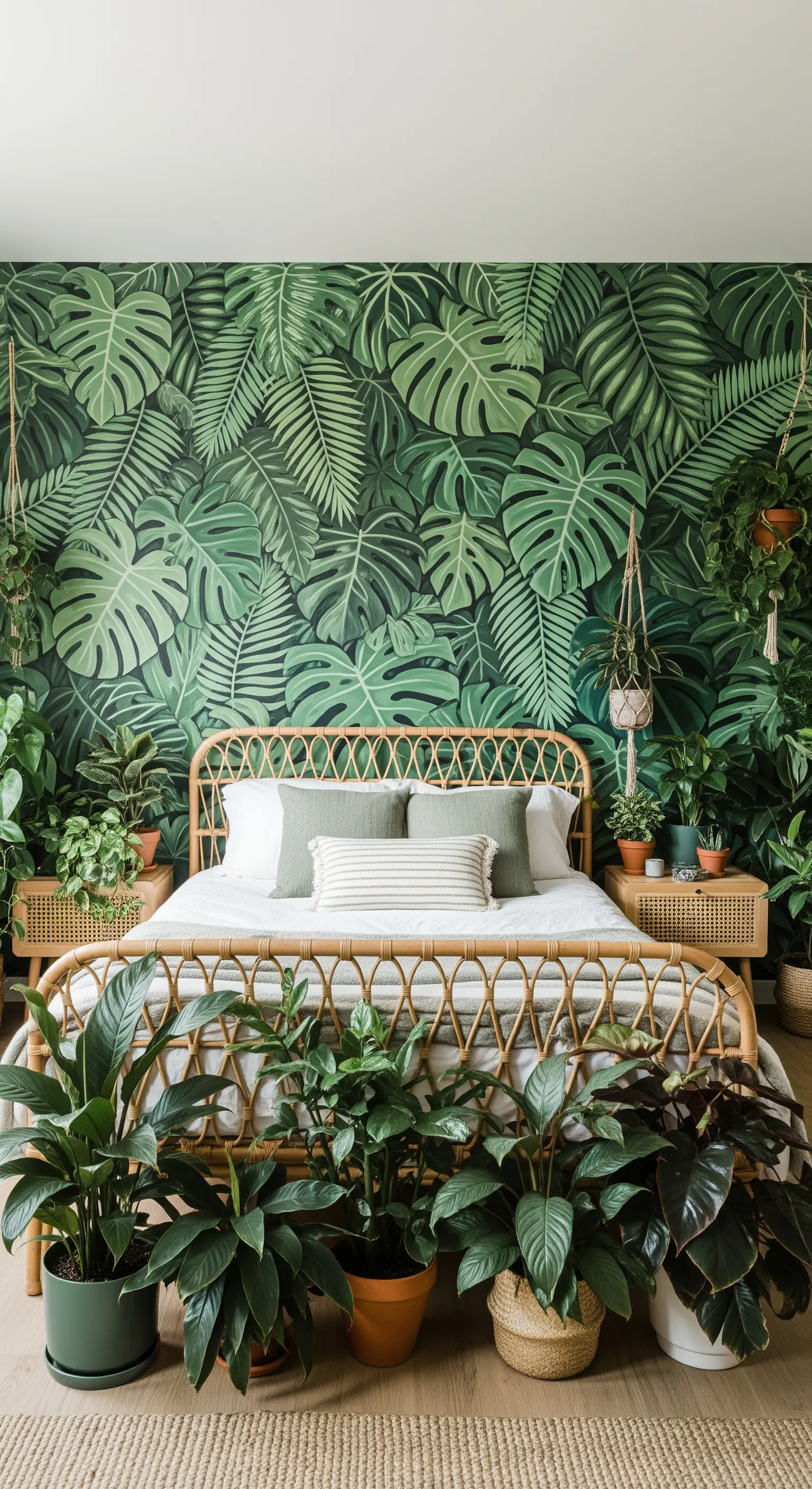 Camera da letto con murale di foglie di Monstera e numerose piante vere che creano un effetto giungla.