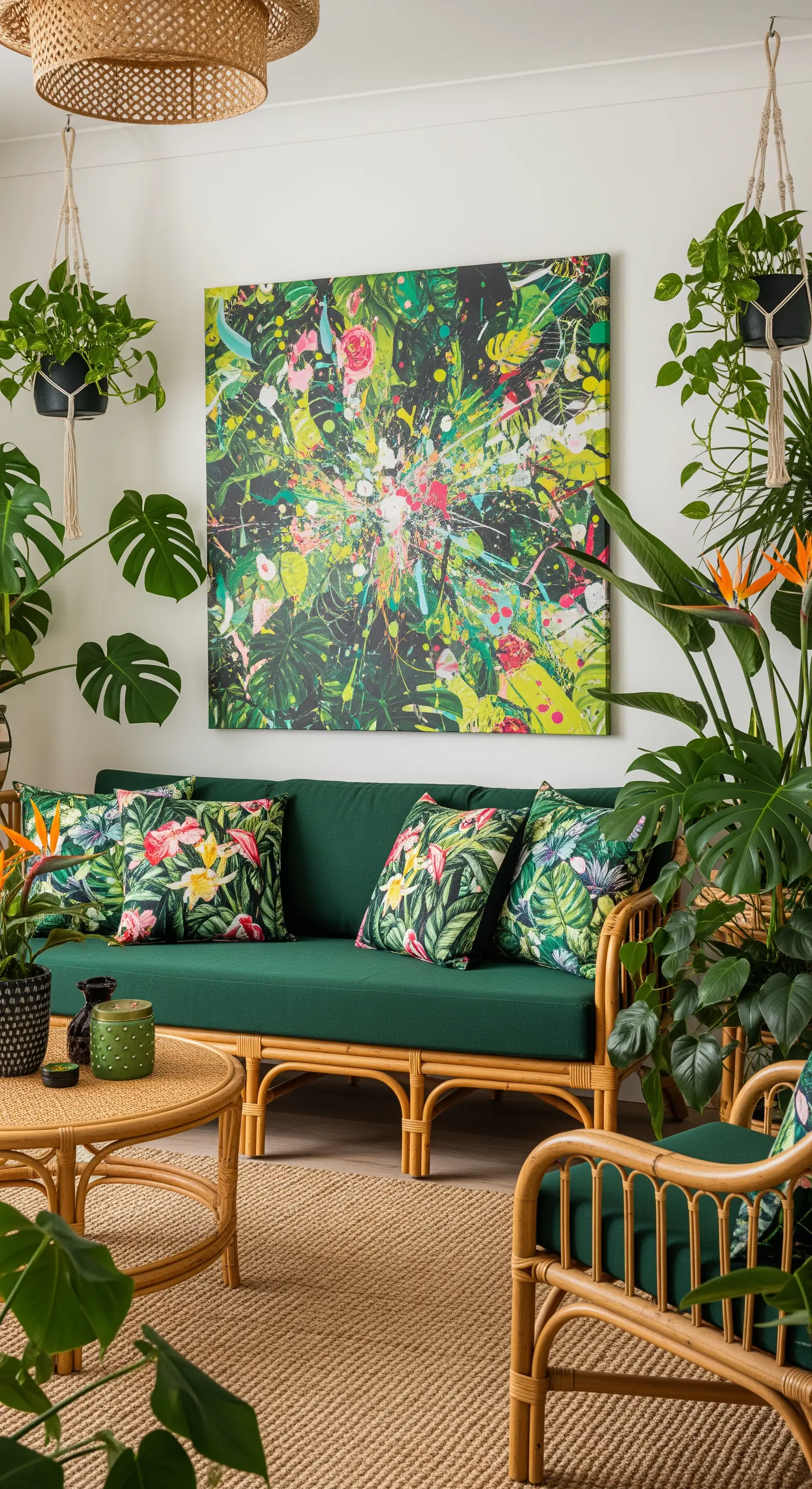 Salotto tropicale con divano verde, mobili in rattan, cuscini a tema floreale e molte piante.