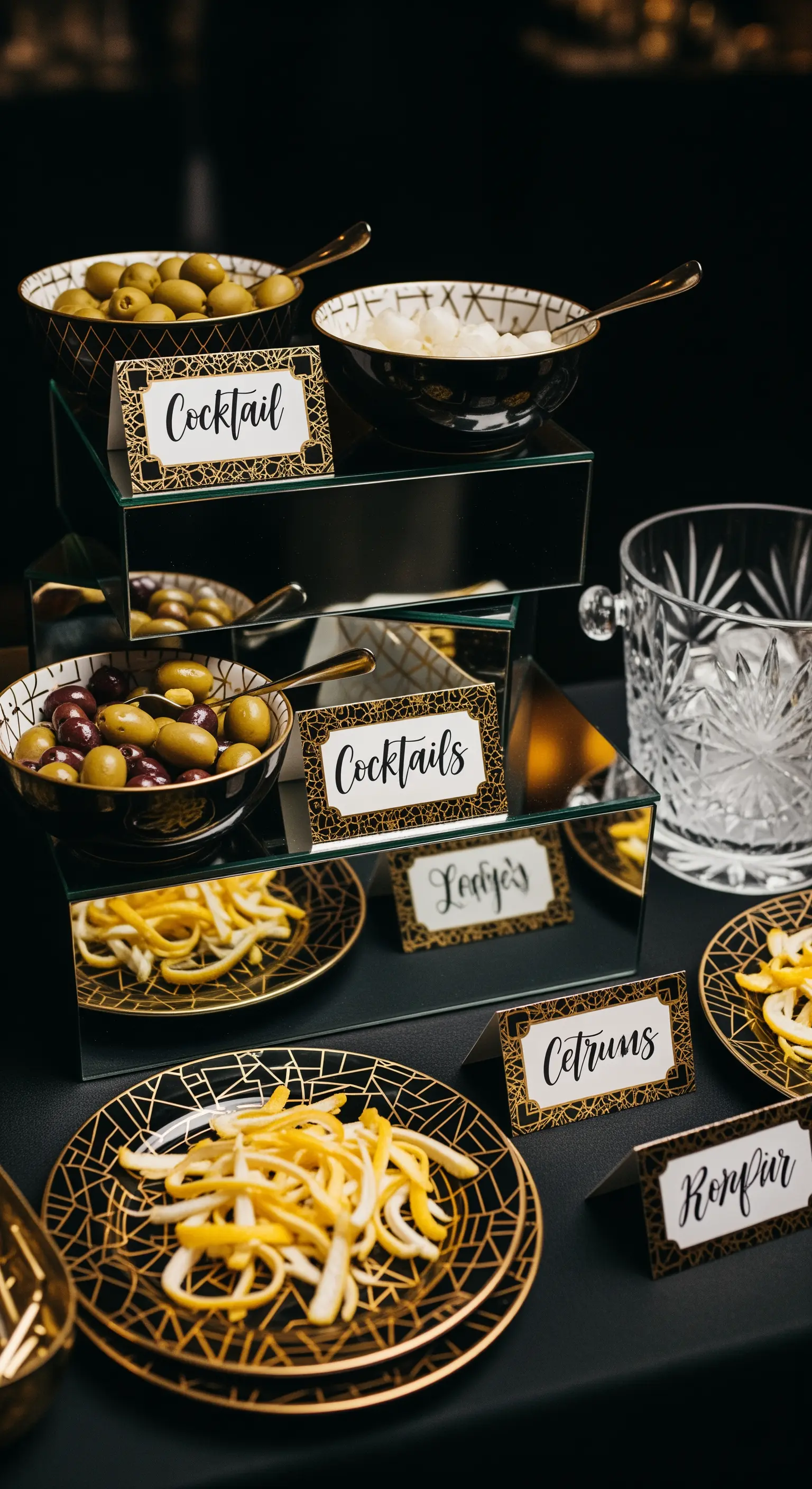 Angolo cocktail in stile Art Déco con alzate a specchio, ciotole e piatti con motivi dorati.