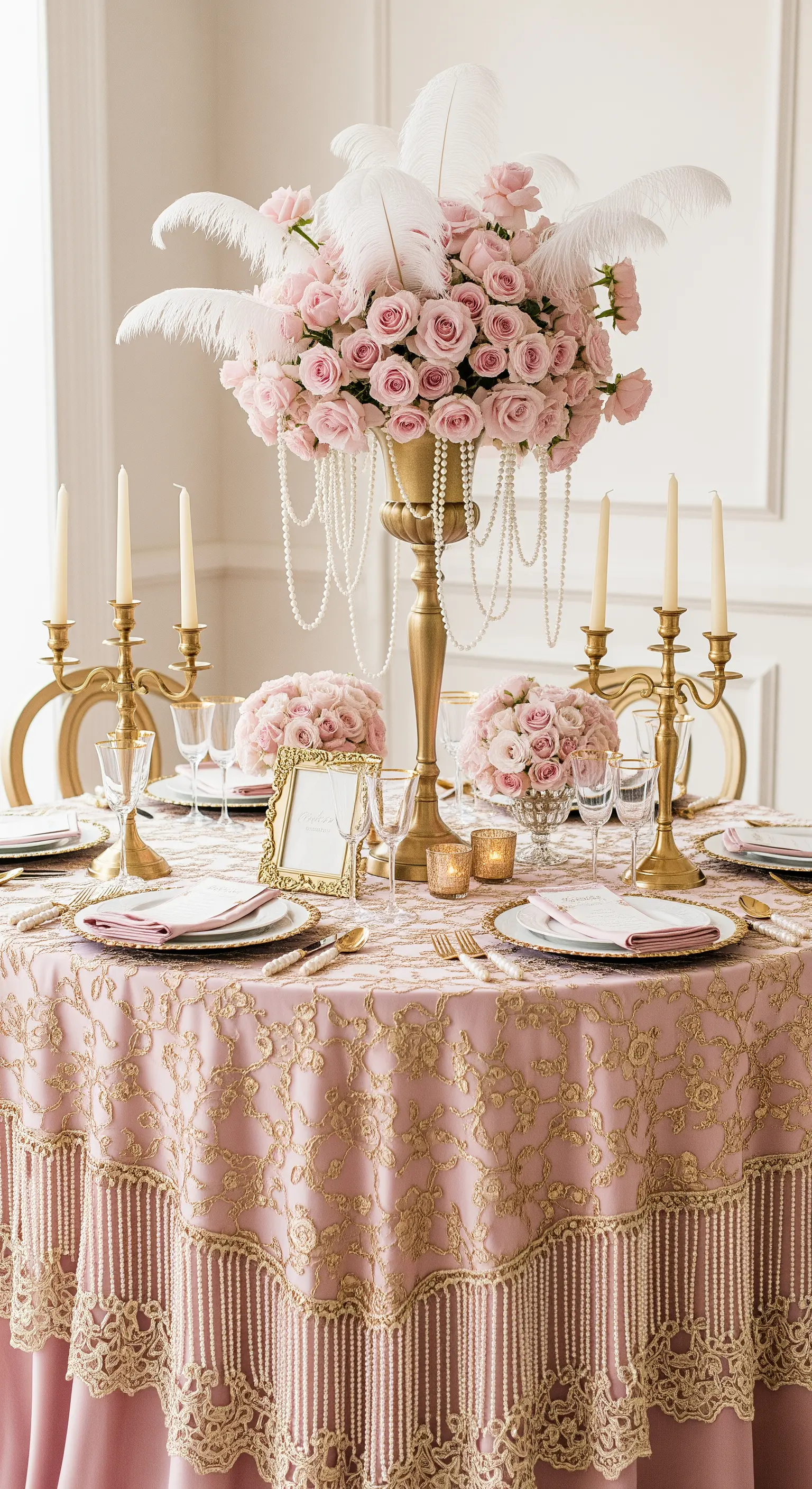 Tavola nuziale stile Gatsby con tovaglia rosa e oro, perle, piume e un grande centrotavola.