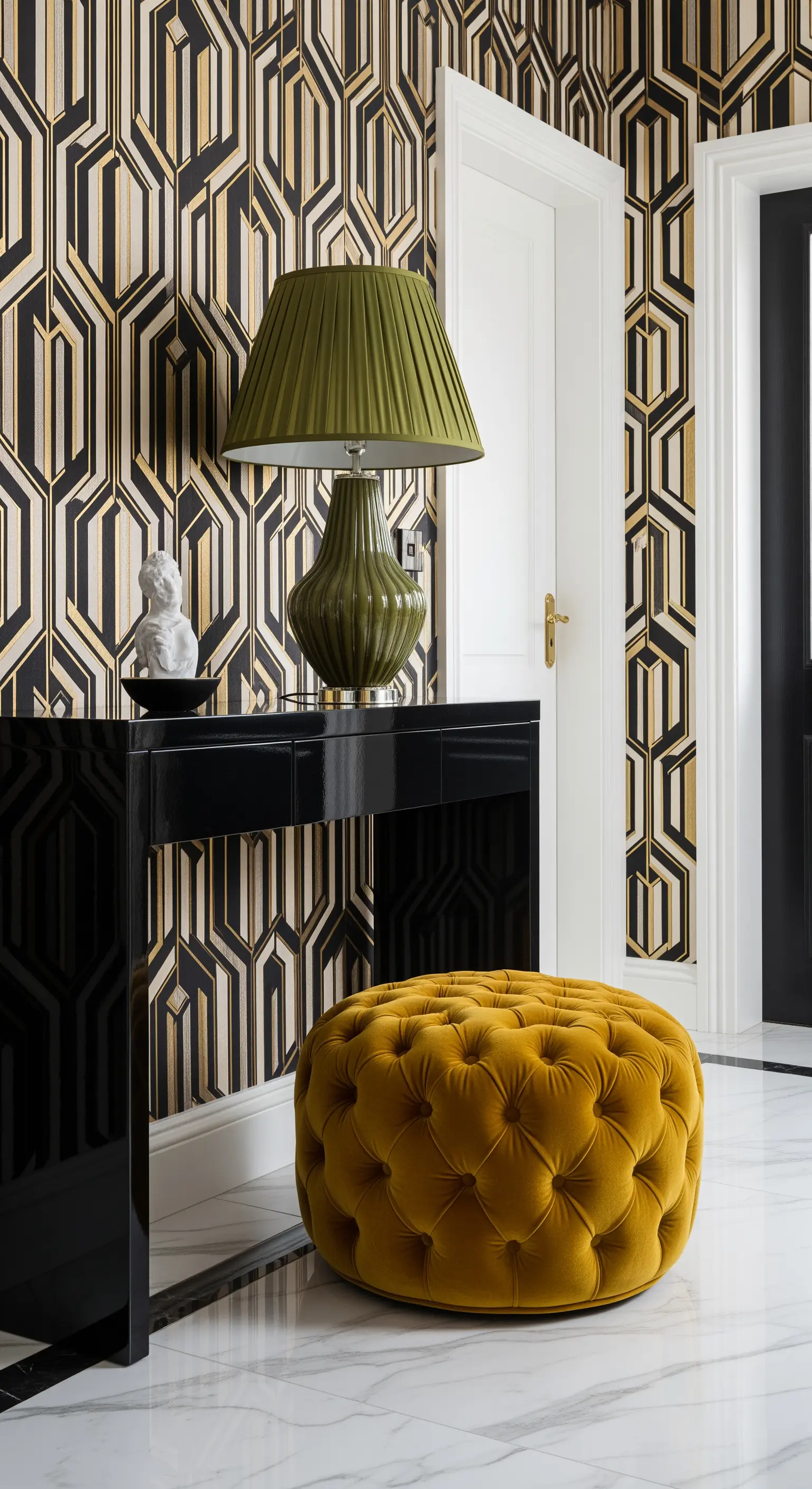 Ingresso Art Déco con carta da parati geometrica, pouf in velluto senape e lampada verde oliva.