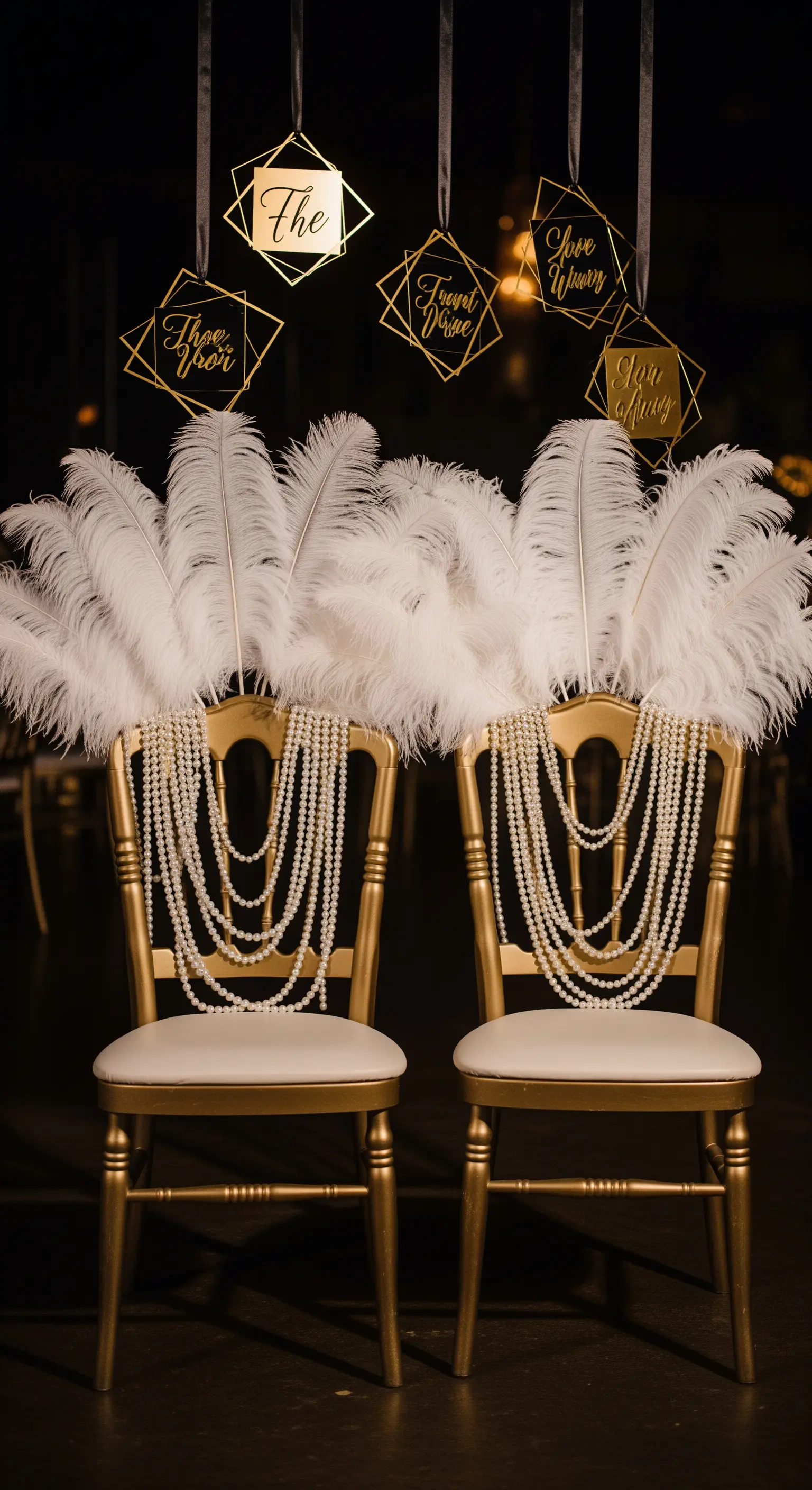 Sedie dorate decorate con piume di struzzo bianche, collane di perle e insegne in stile Art Déco.