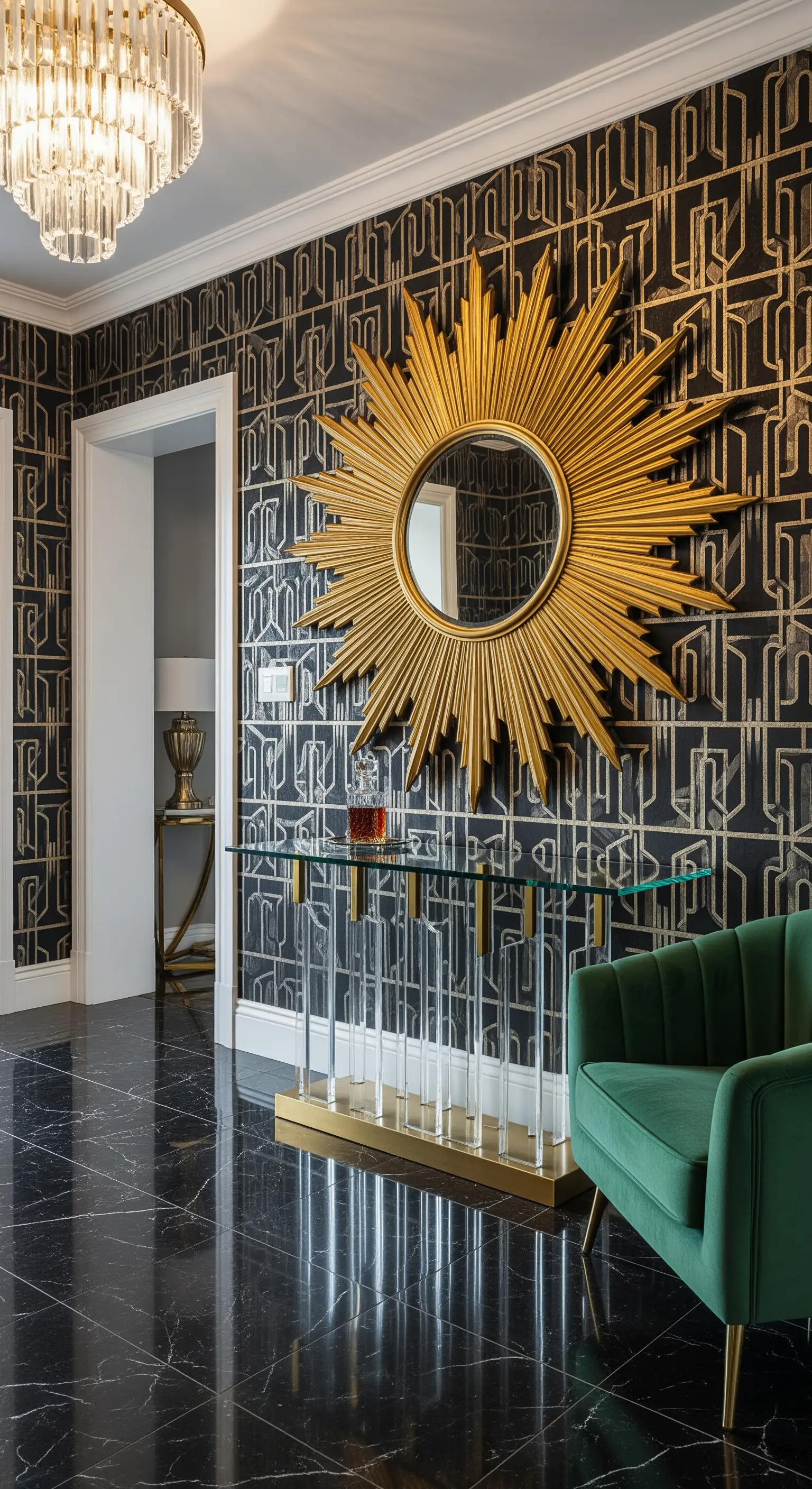 Ingresso Art Déco con specchio a raggiera dorato, consolle in vetro e poltrona in velluto verde