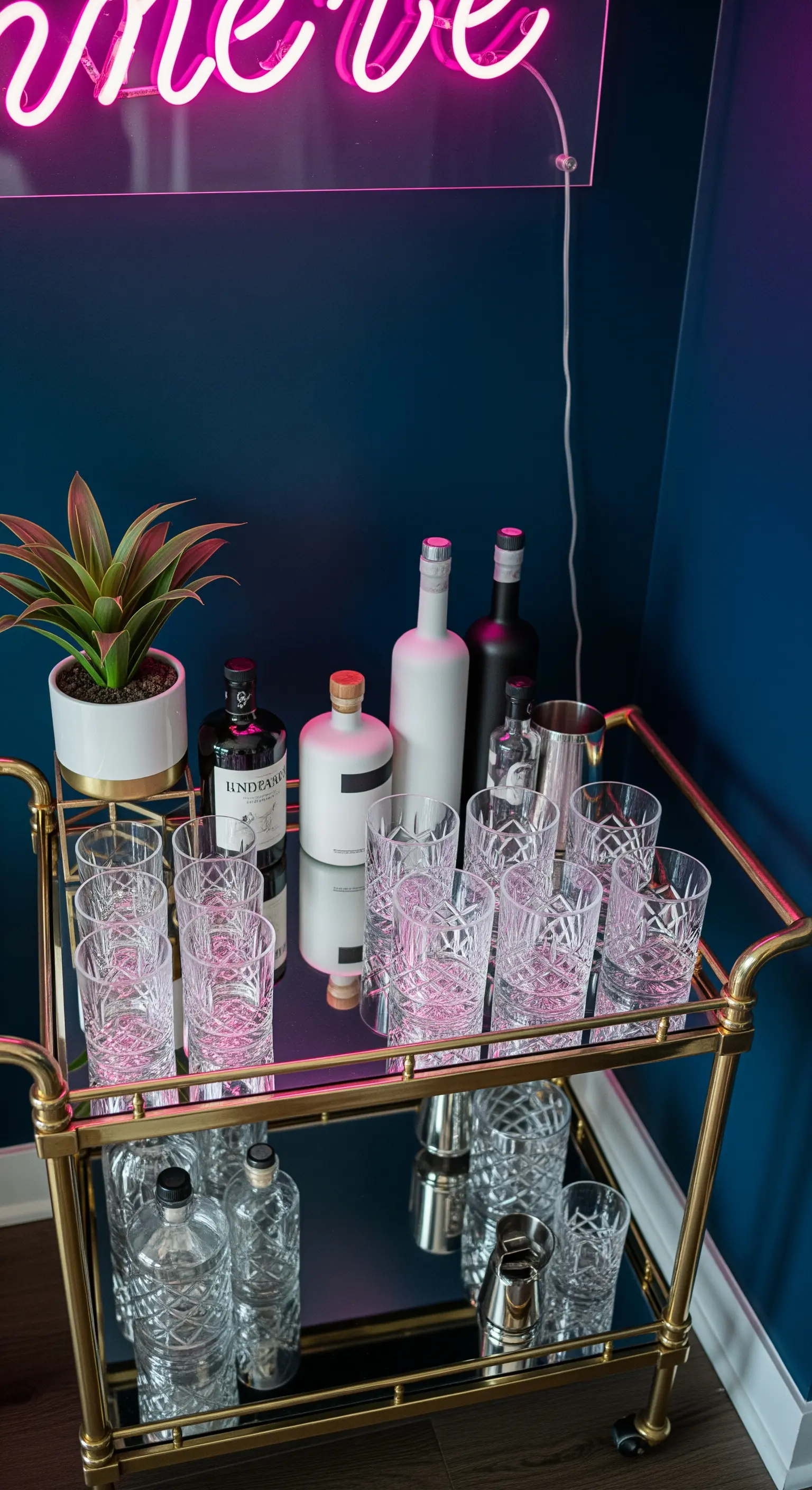 Carrello bar dorato con bicchieri di cristallo contro una parete blu e un'insegna al neon.
