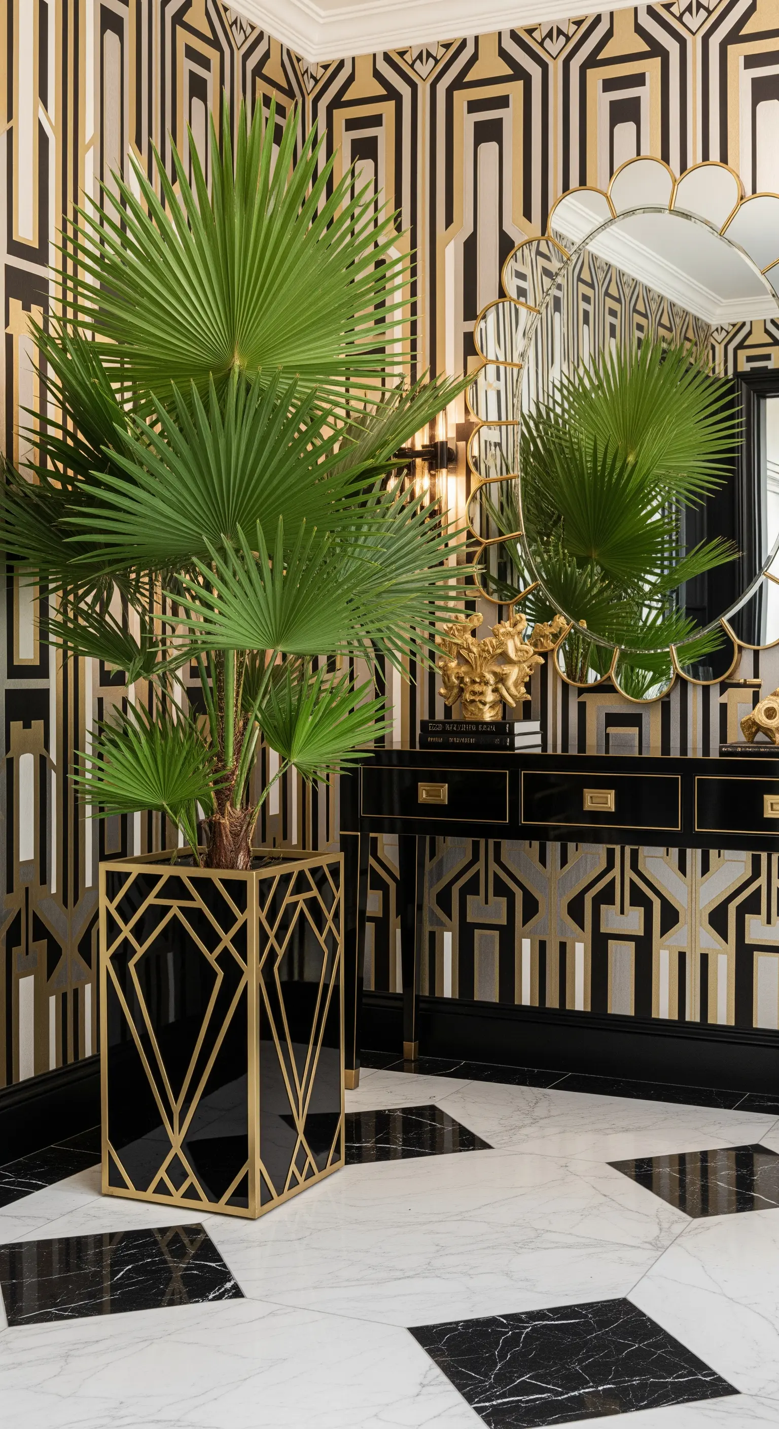 Palma a ventaglio in un vaso geometrico nero e oro in un ingresso Art Déco con carta da parati a motivi.