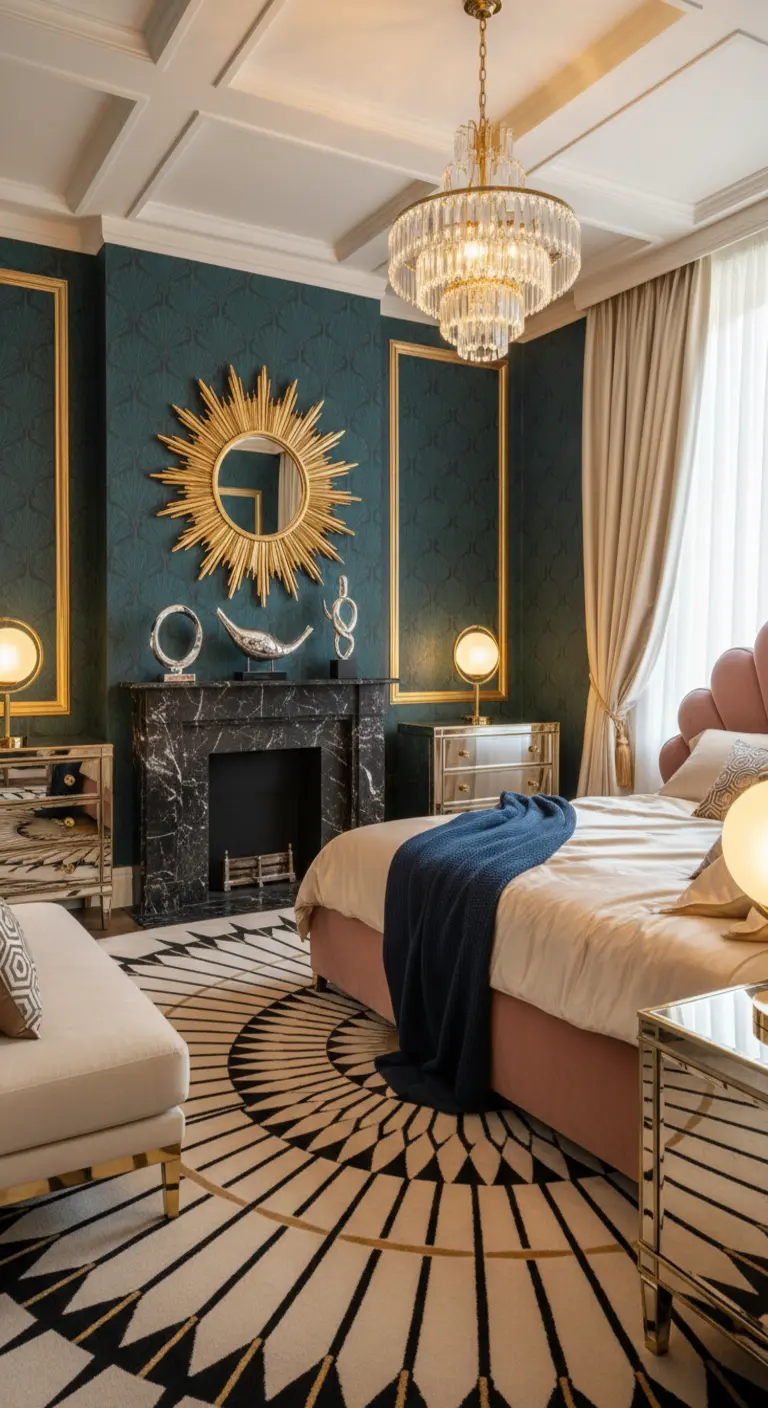 Camera da letto in stile Art Déco con specchio a sole, camino in marmo nero e dettagli dorati.