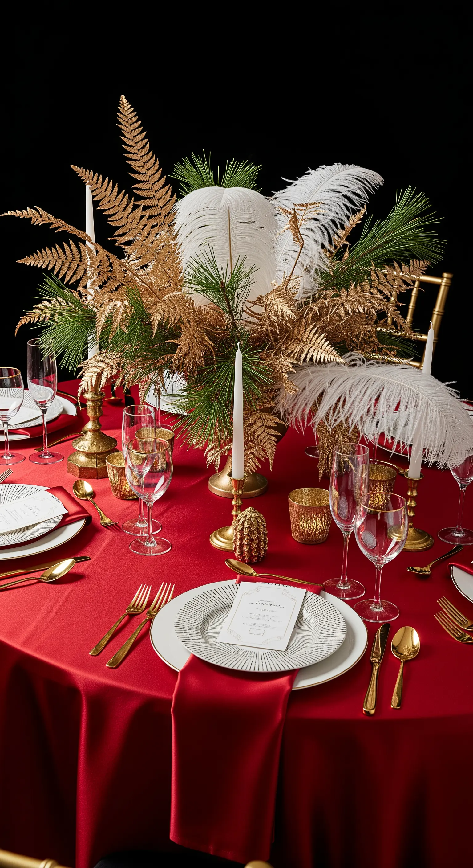 Allestimento glamour con felci dorate, piume bianche e pino su tovaglia rossa.