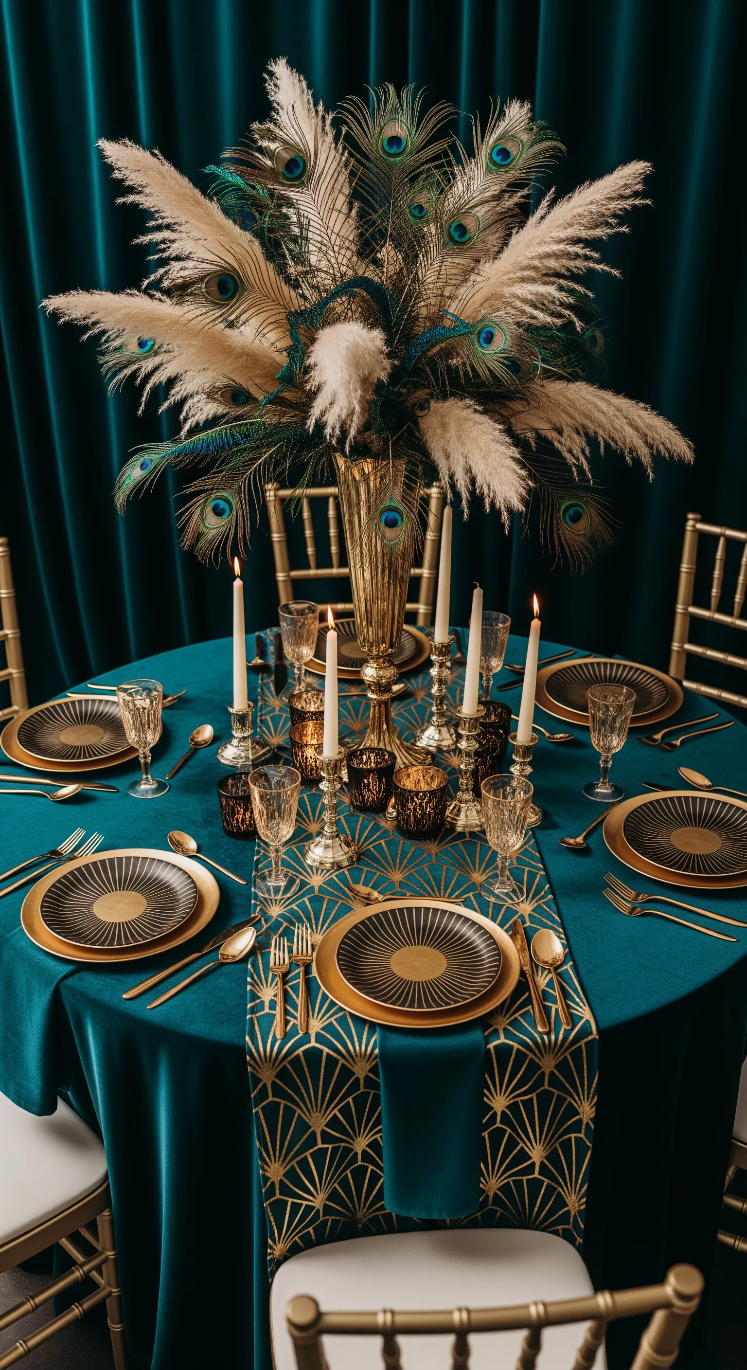 Tavola Art Déco con tovaglia petrolio, piume di pavone e dettagli geometrici dorati