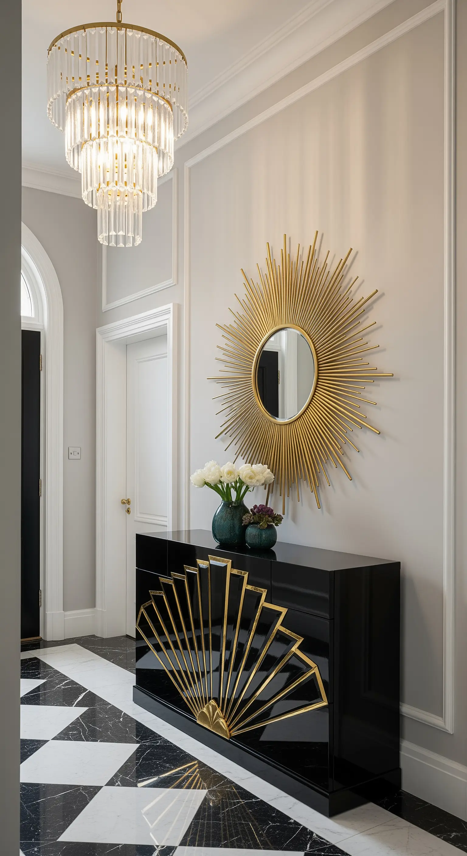 Consolle Art Déco laccata nera e oro, specchio a raggiera e pavimento a scacchi.