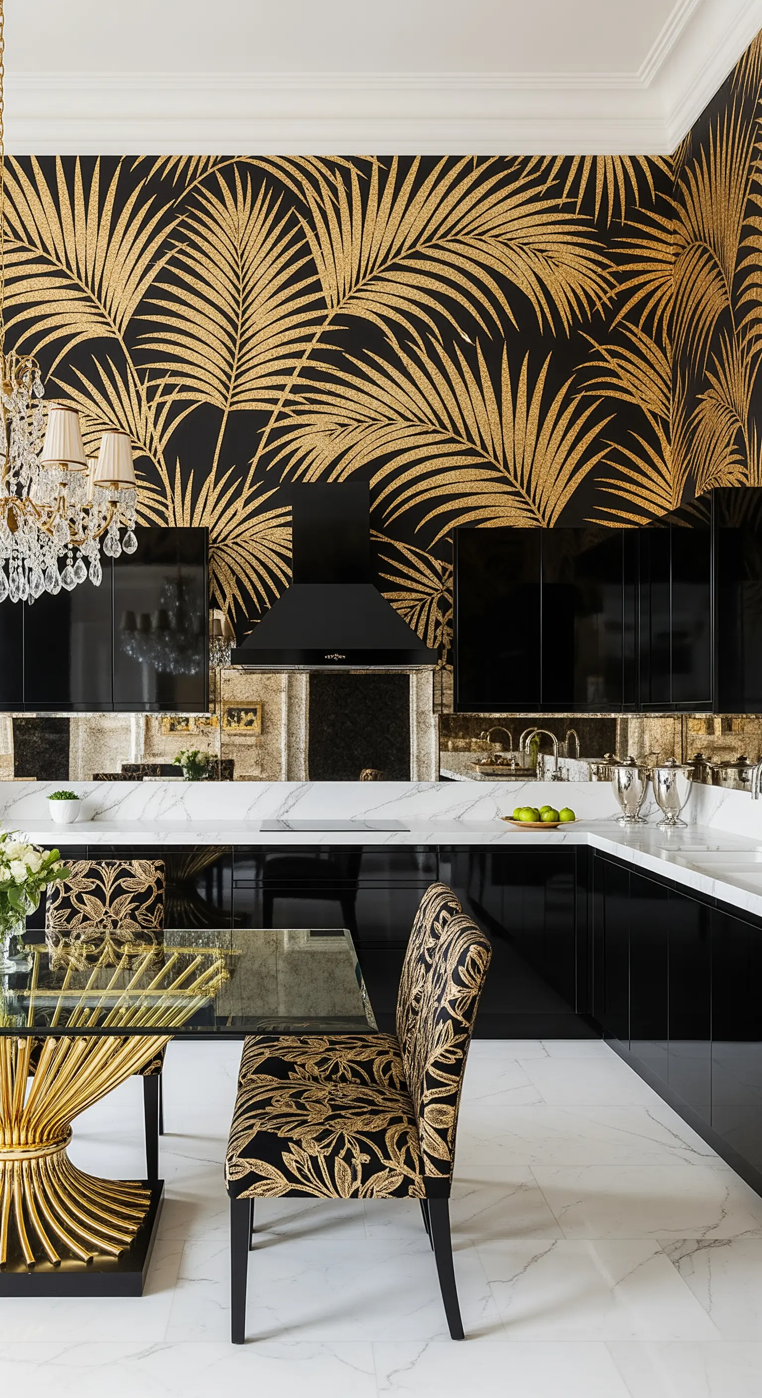 Cucina nera e oro con carta da parati a palme dorate e tavolo con base scultorea.