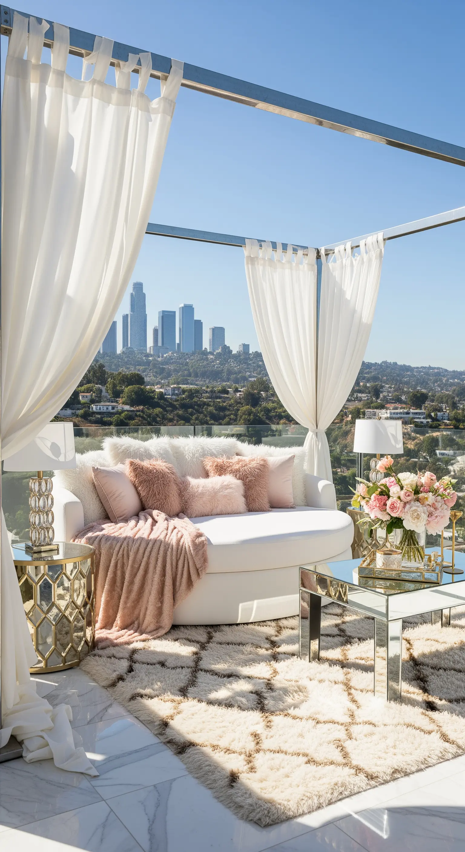 Terrazza panoramica con divano bianco, cuscini rosa cipria, tavolini specchiati e tappeto shaggy.