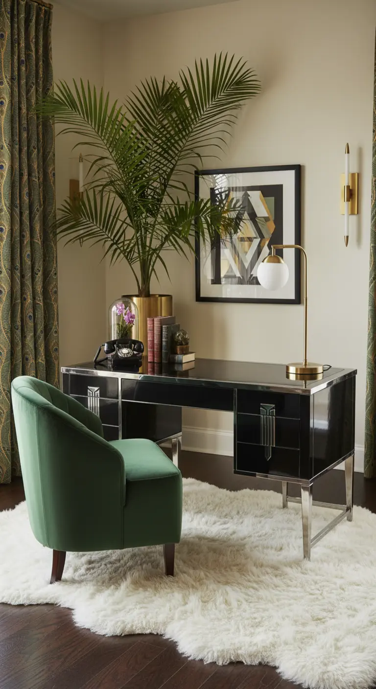 Scrivania nera laccata con sedia in velluto verde e un morbido tappeto bianco a pelo lungo.