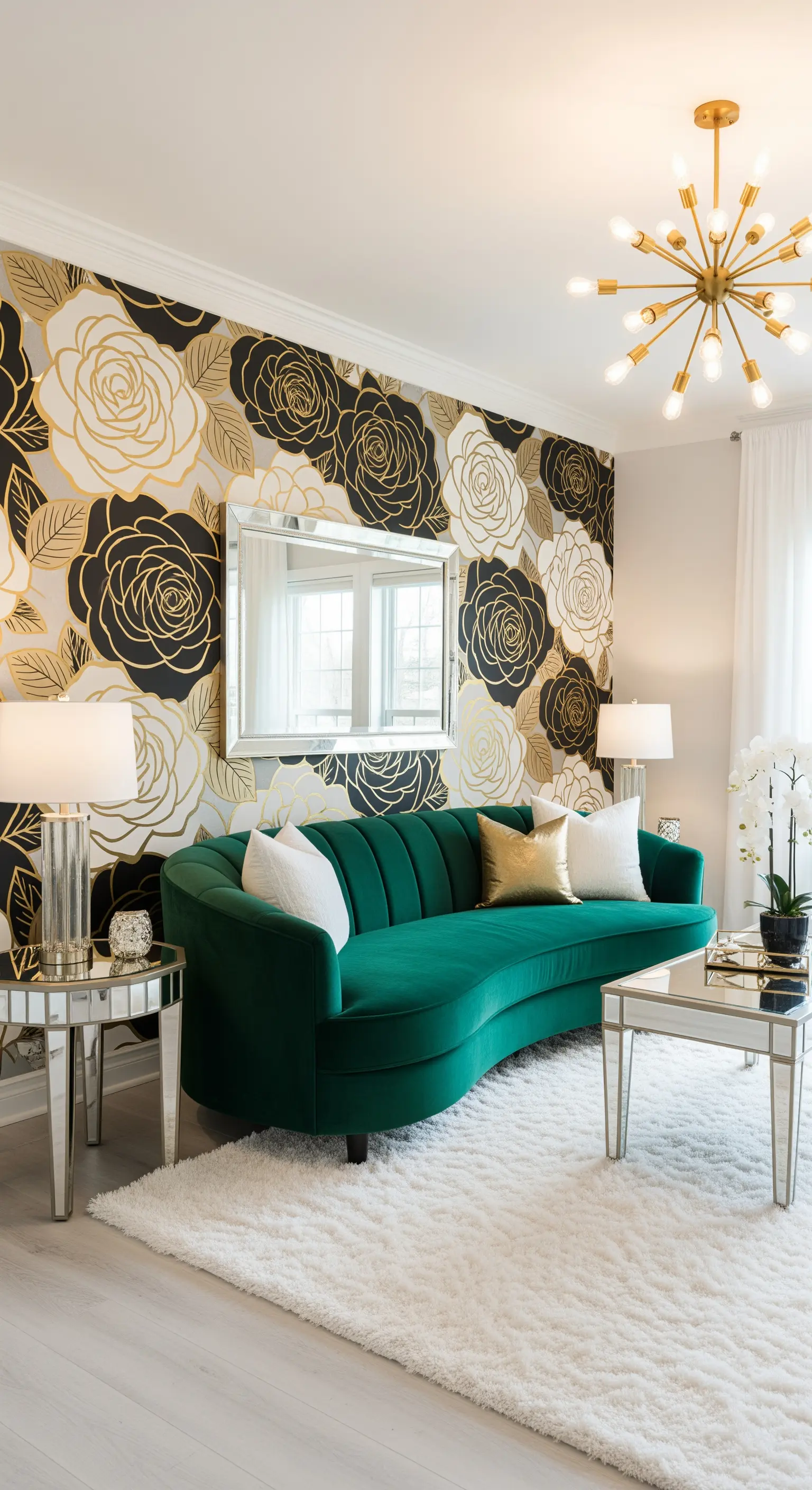 Soggiorno elegante con carta da parati a rose stilizzate oro e nere e divano curvo verde smeraldo.