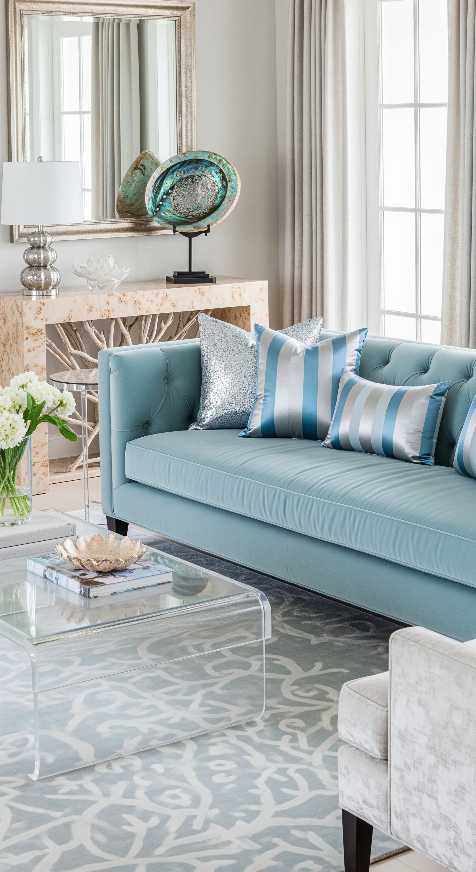 Divano in velluto turchese con cuscini di seta e tavolino in acrilico.