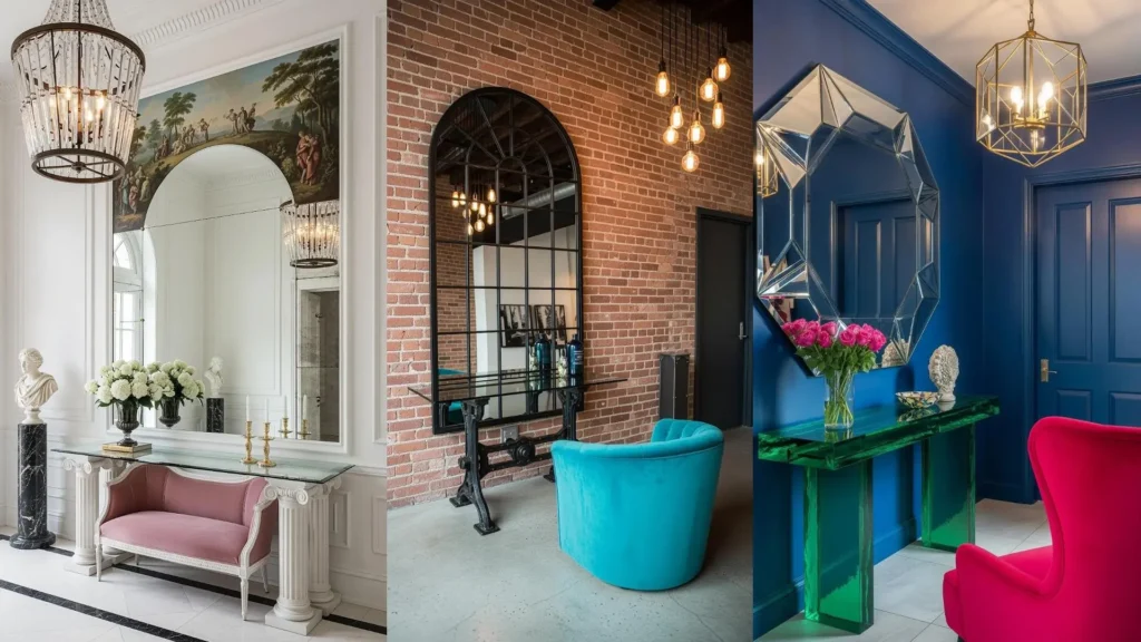 Tre ingressi glamour con specchi maxi, consolle in vetro colorate e sedie in velluto rosa, blu e fucsia.