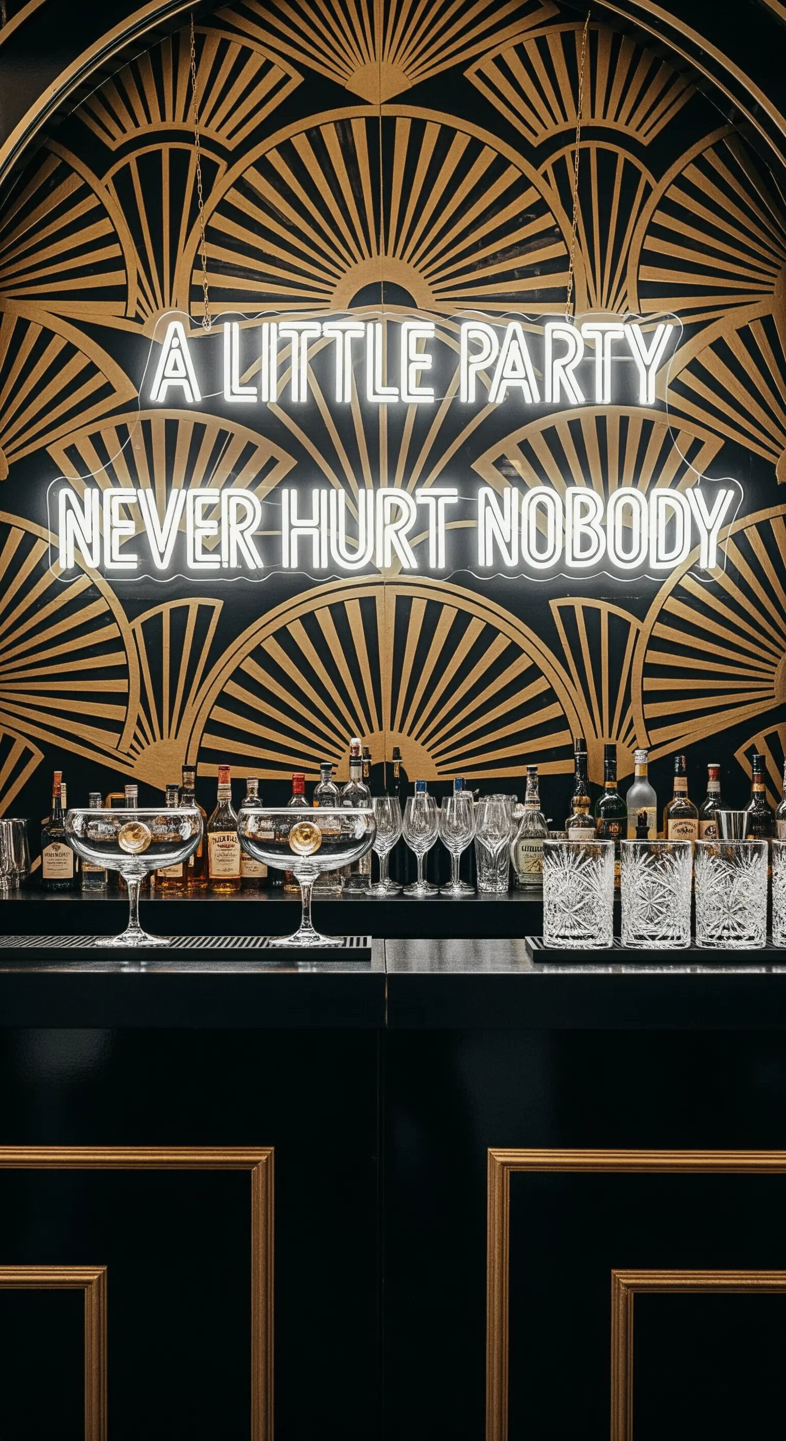 Neon “A little party never hurt nobody” su sfondo Art Déco nero e oro.