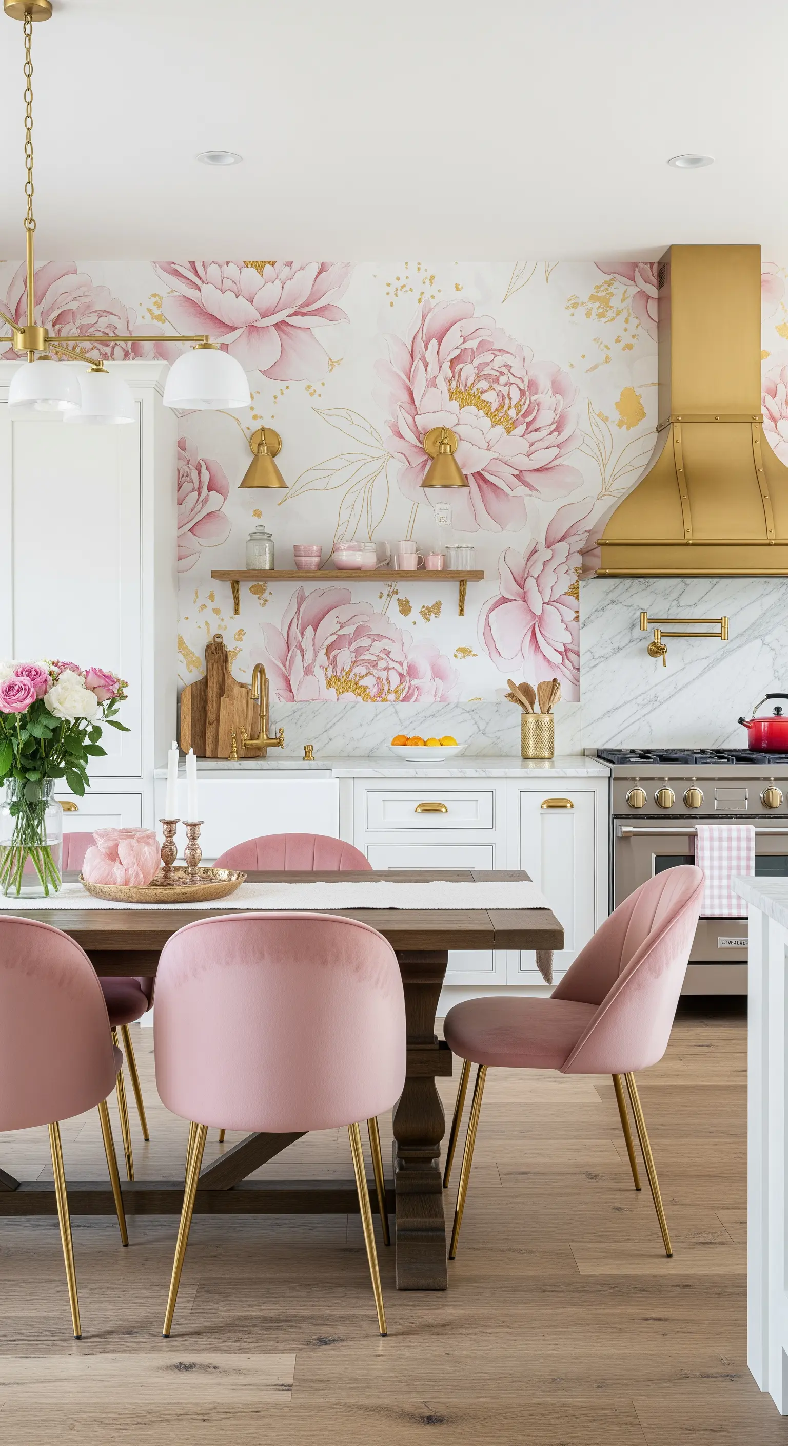 Cucina con carta da parati a peonie rosa, sedie in velluto e cappa dorata.