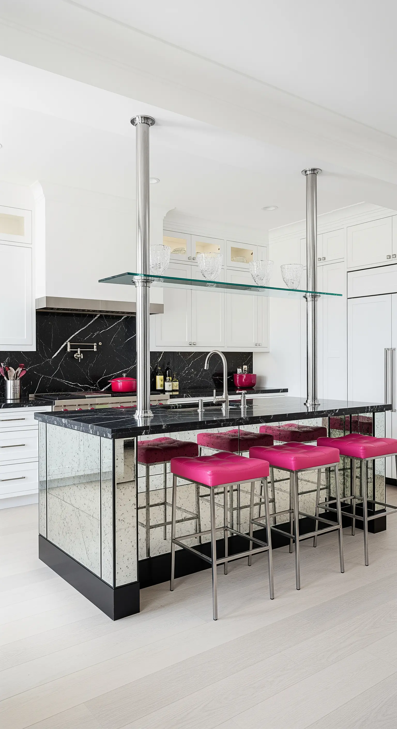Isola da cucina con base a specchio, top in marmo nero e sgabelli in pelle fucsia.