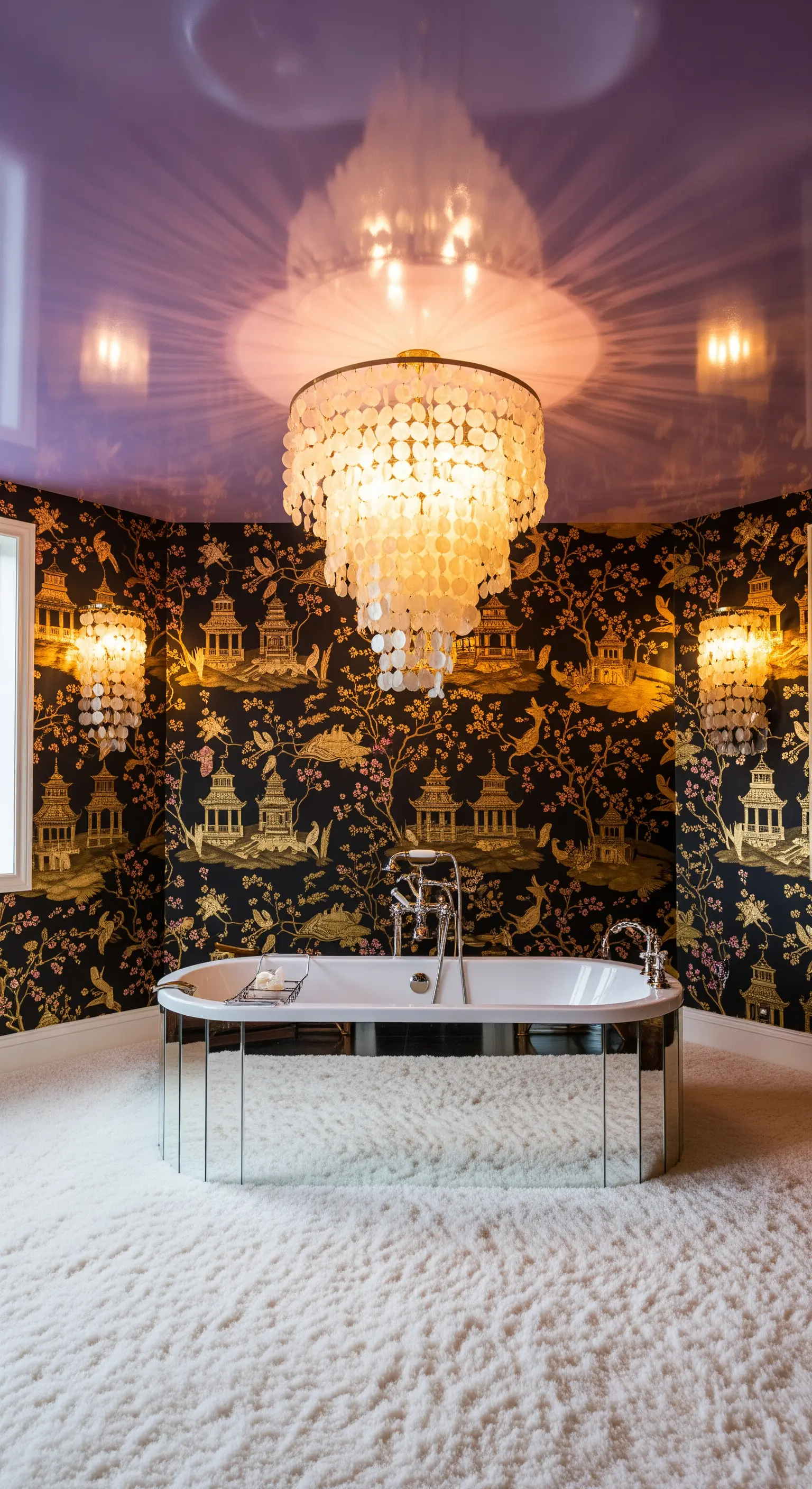 Bagno eclettico con carta da parati Chinoiserie, lampadario in madreperla e vasca a specchio.