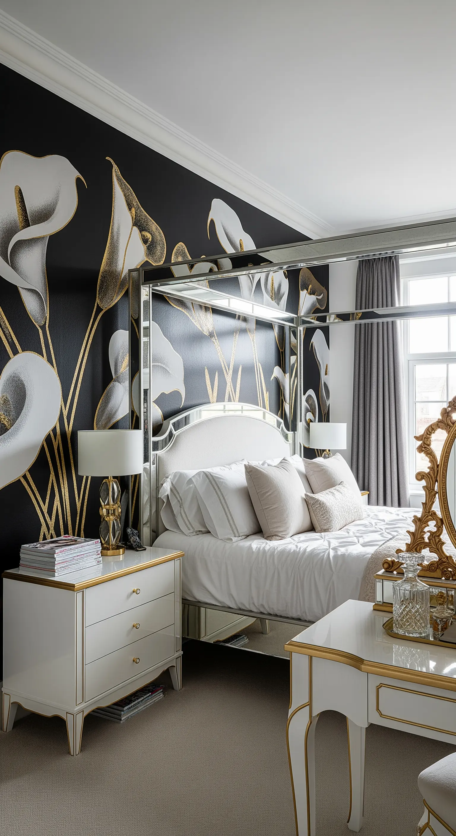 Letto a baldacchino a specchio con carta da parati nera a calle bianche e oro.