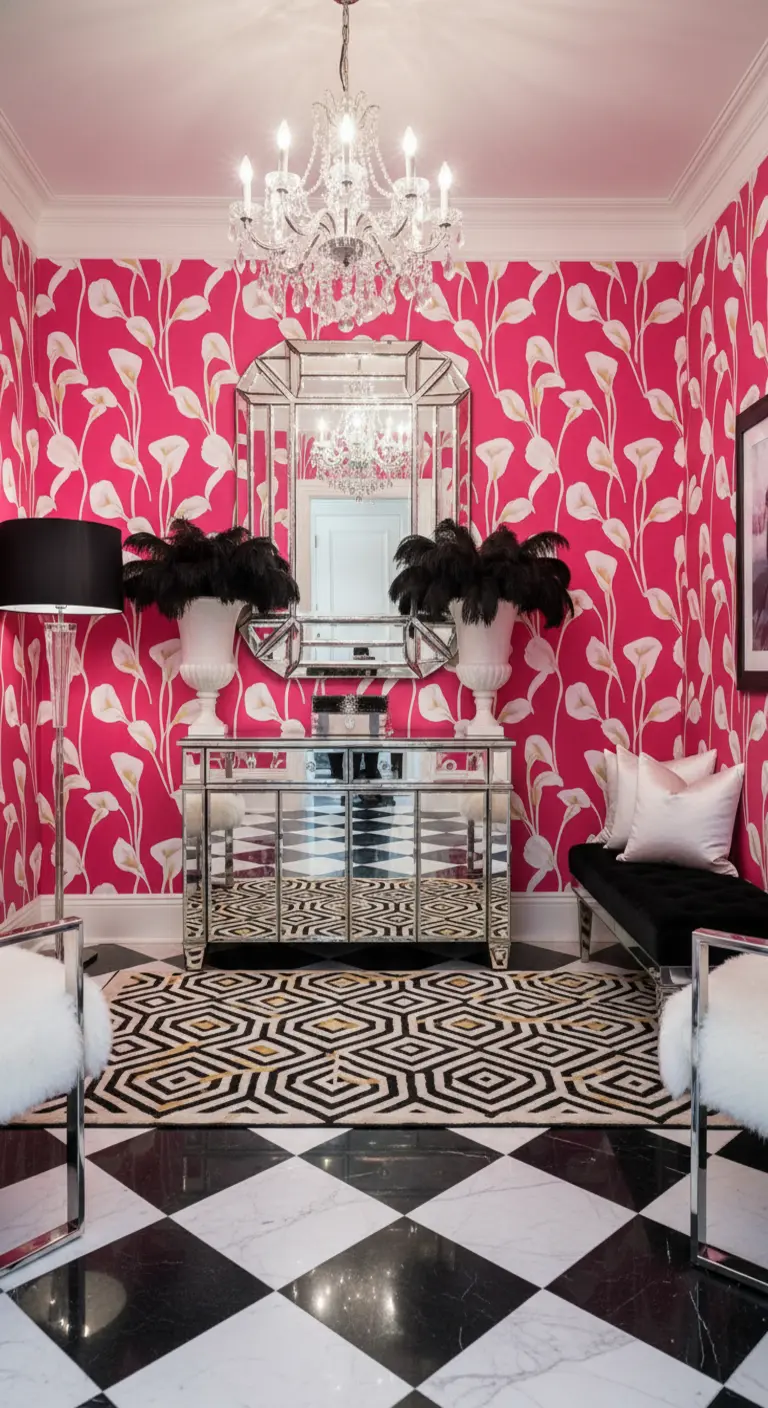Ingresso massimalista con carta da parati fucsia, mobili specchiati e lampadario di cristallo.
