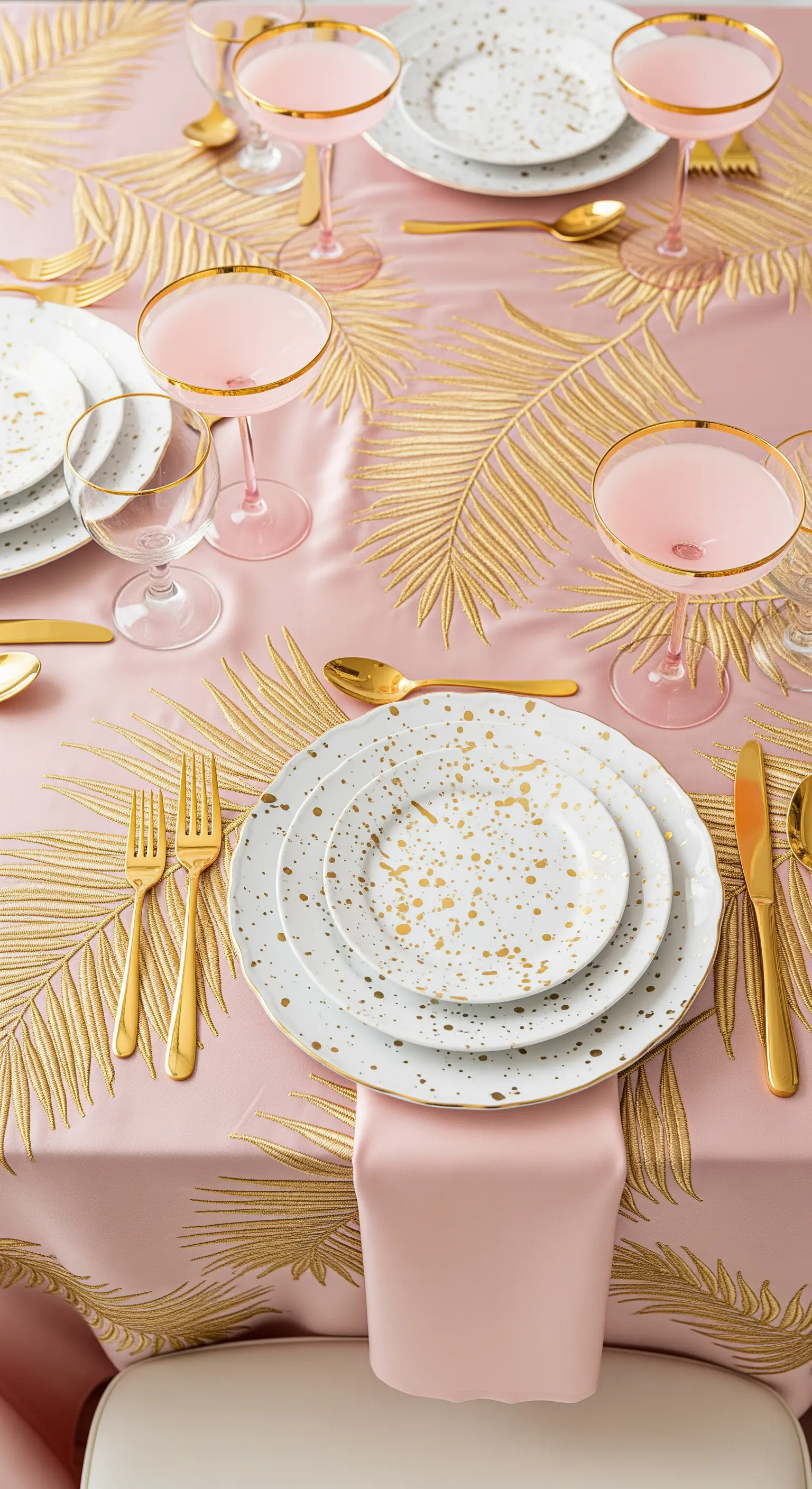 Tavola glamour con tovaglia rosa, ricami a palma dorata, posate e piatti con dettagli oro.