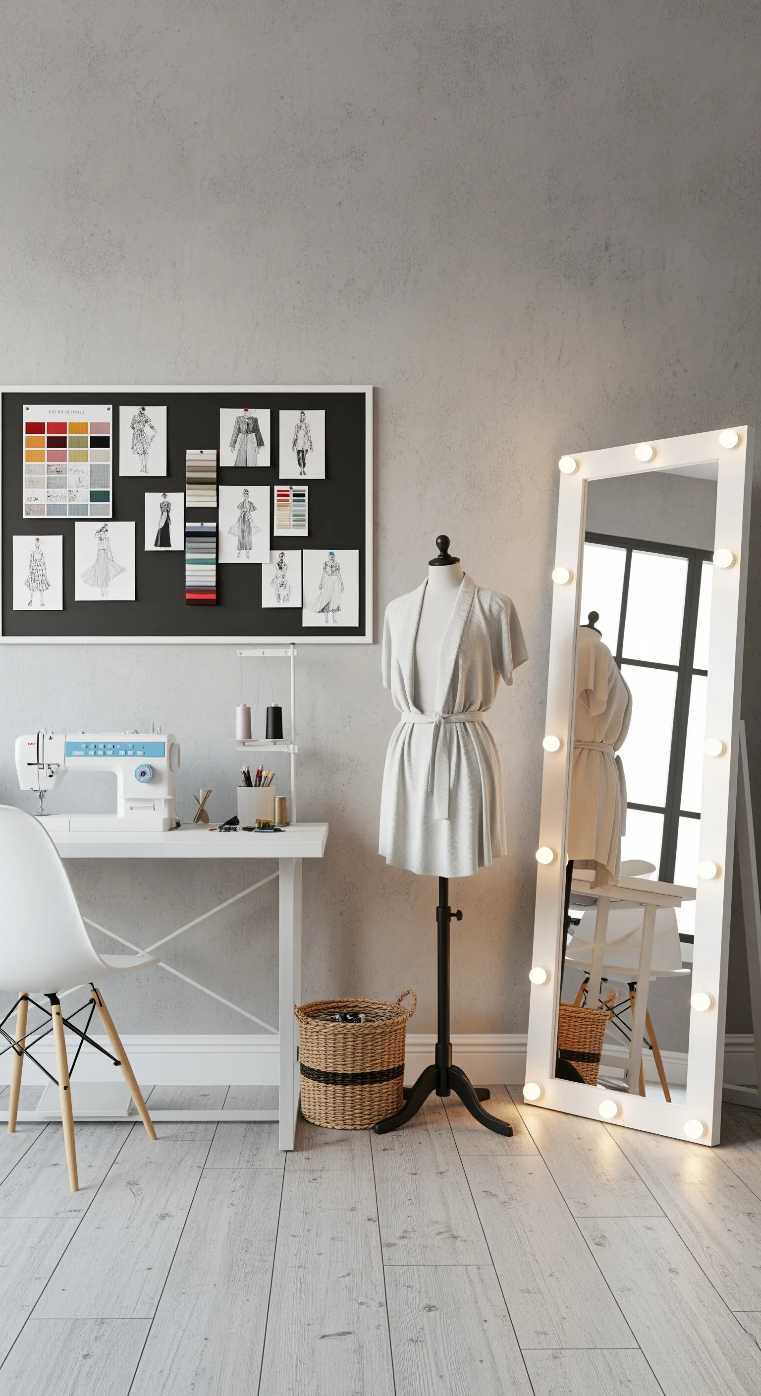 Angolo sartoria con parete in cemento, specchio con lampadine e mobili bianchi.