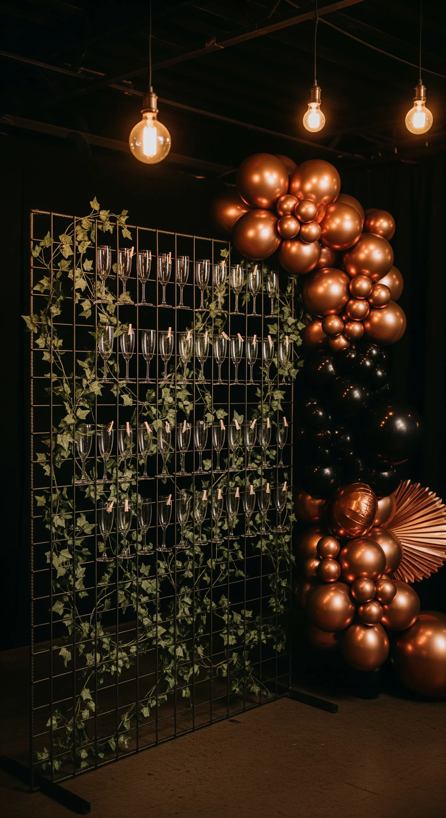 Griglia metallica nera con edera, calici e palloncini rame per un look industrial-chic.