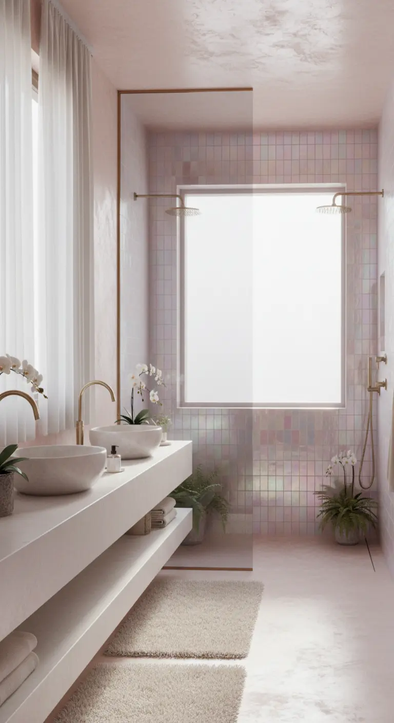 Bagno rosa con doppio lavabo, piastrelle iridescenti nella doccia e finiture dorate.