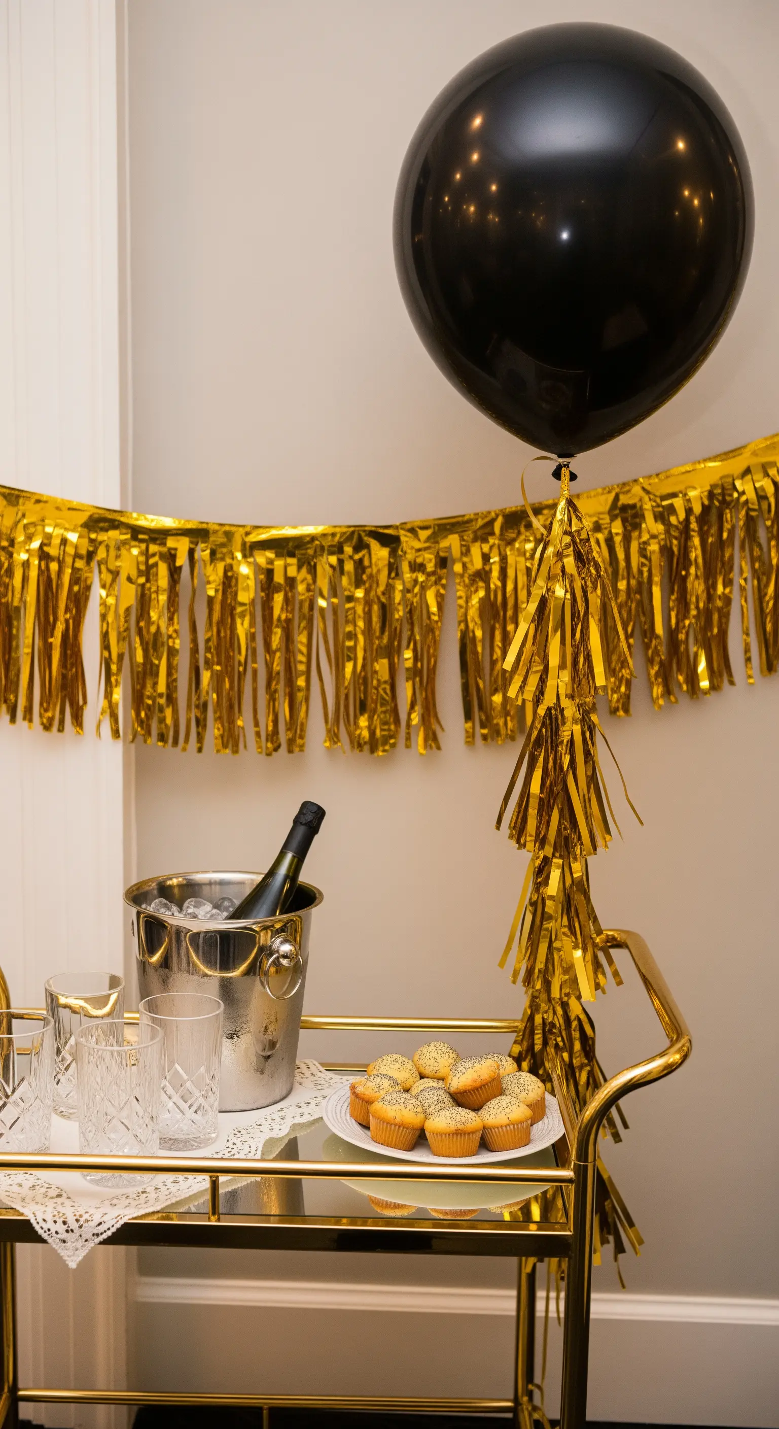 Carrello bar dorato allestito per una festa con ghirlanda metallica e palloncino nero.