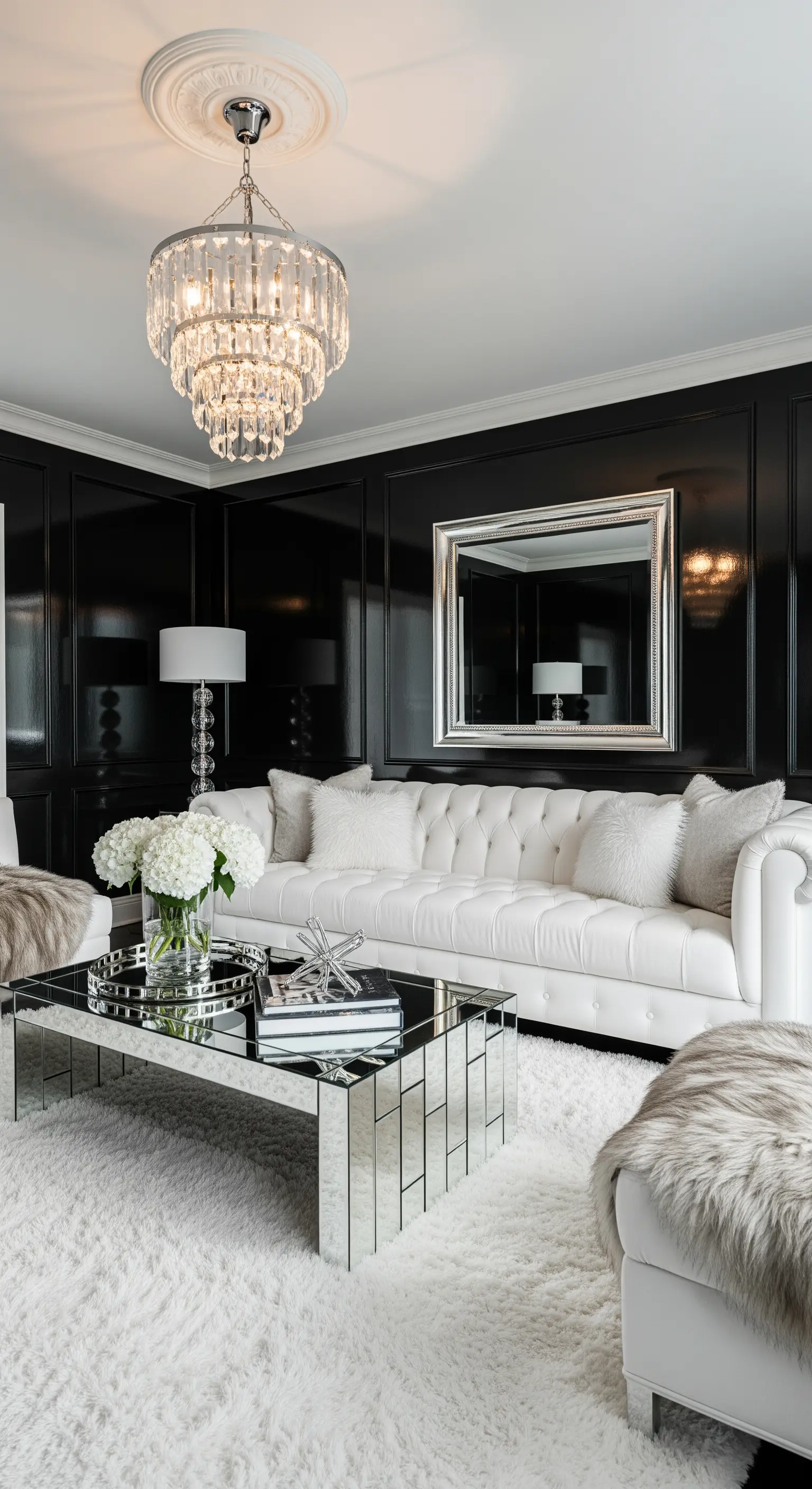 Salotto glamour con pareti nere laccate, divano Chesterfield bianco e tavolino a specchio.